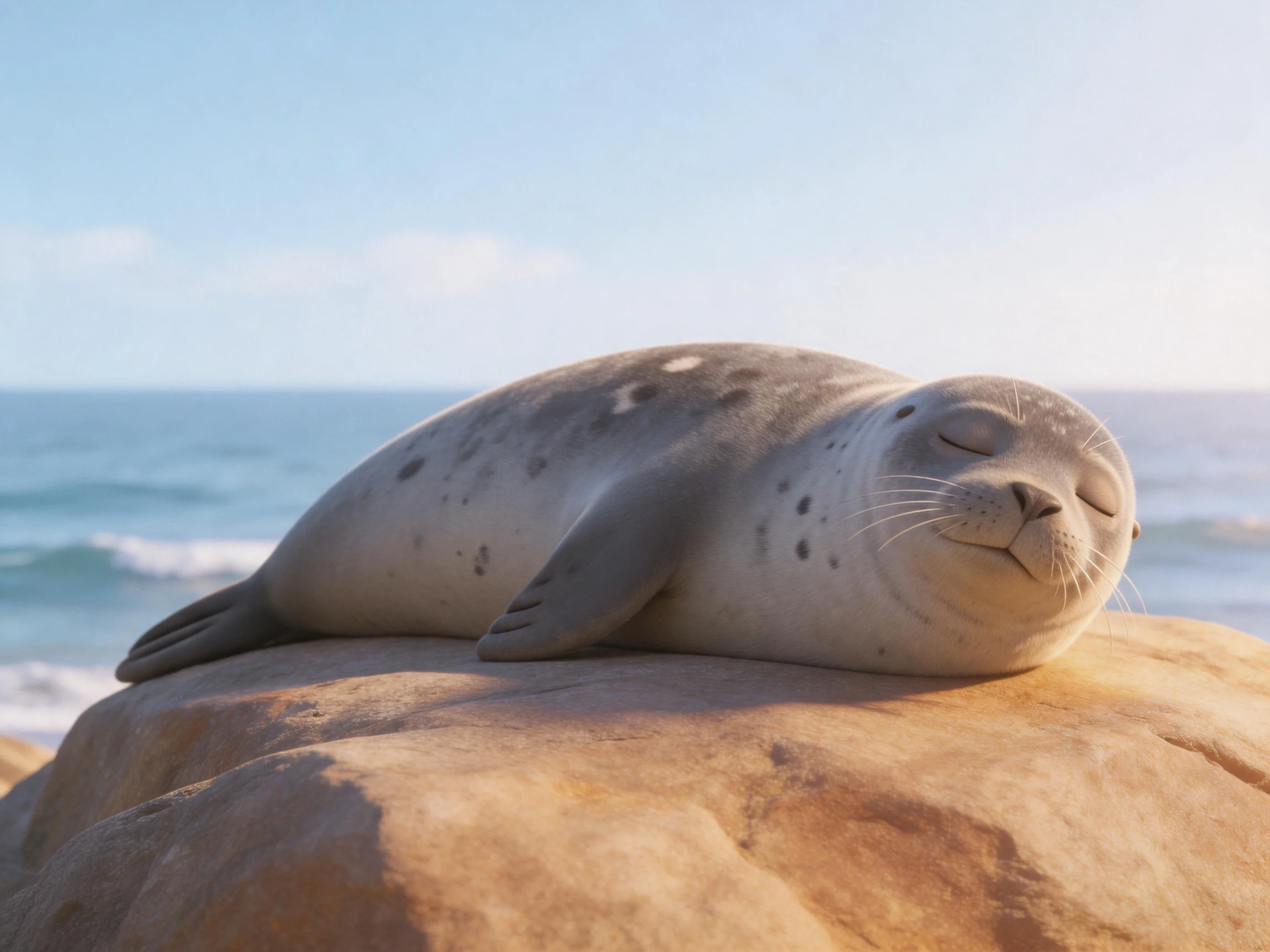 A gray-spotted seal rests on a tan rock by the ocean