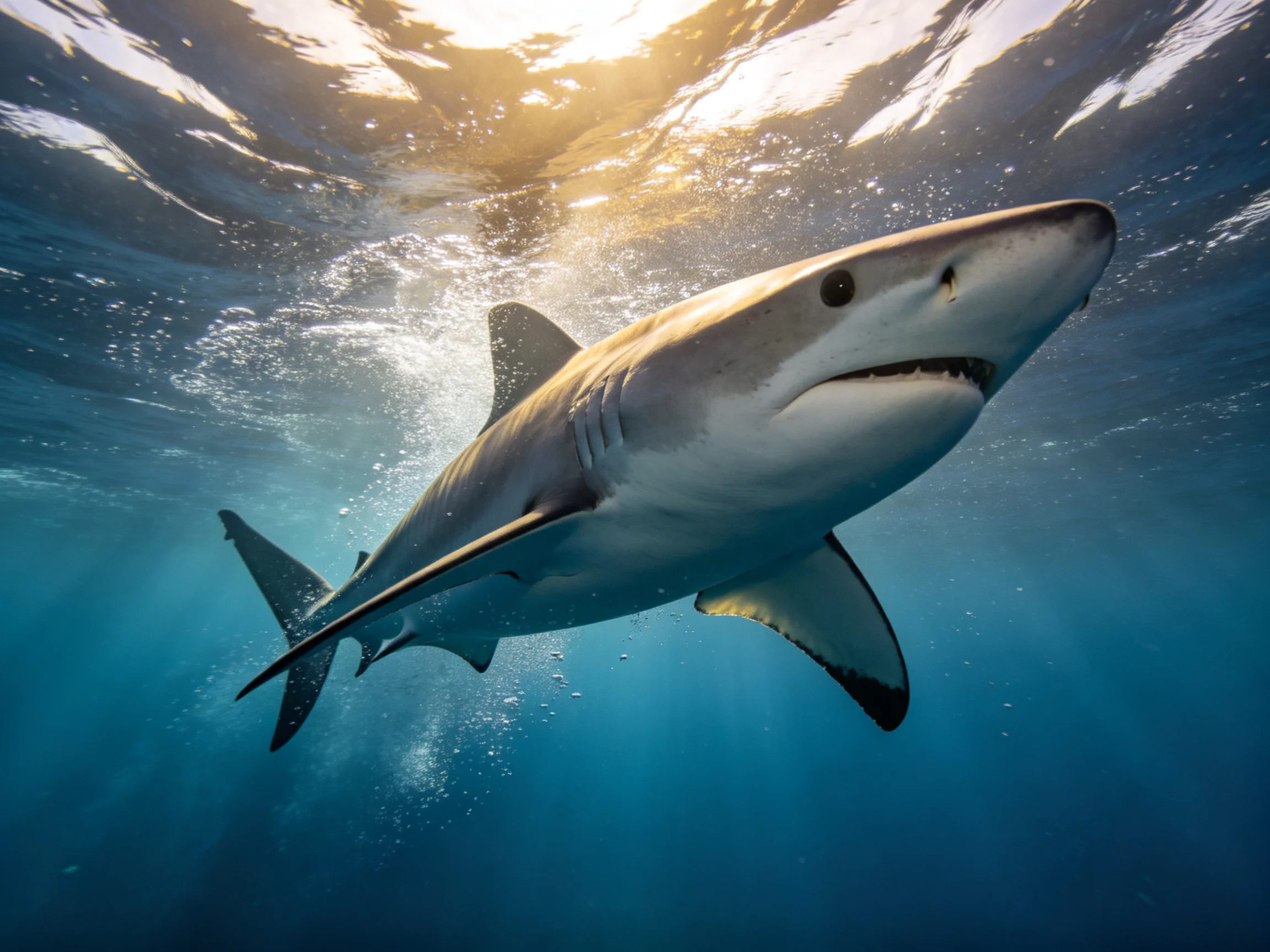A great white shark glides through sunlit blue ocean waters