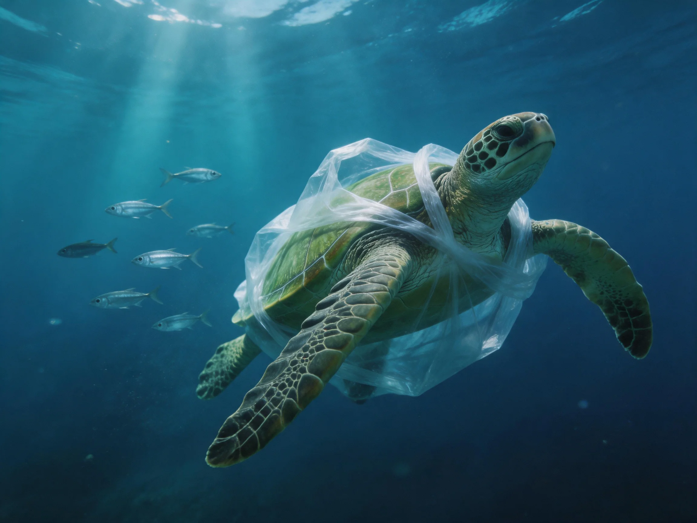 A green sea turtle entangled in a transparent plastic bag underwater