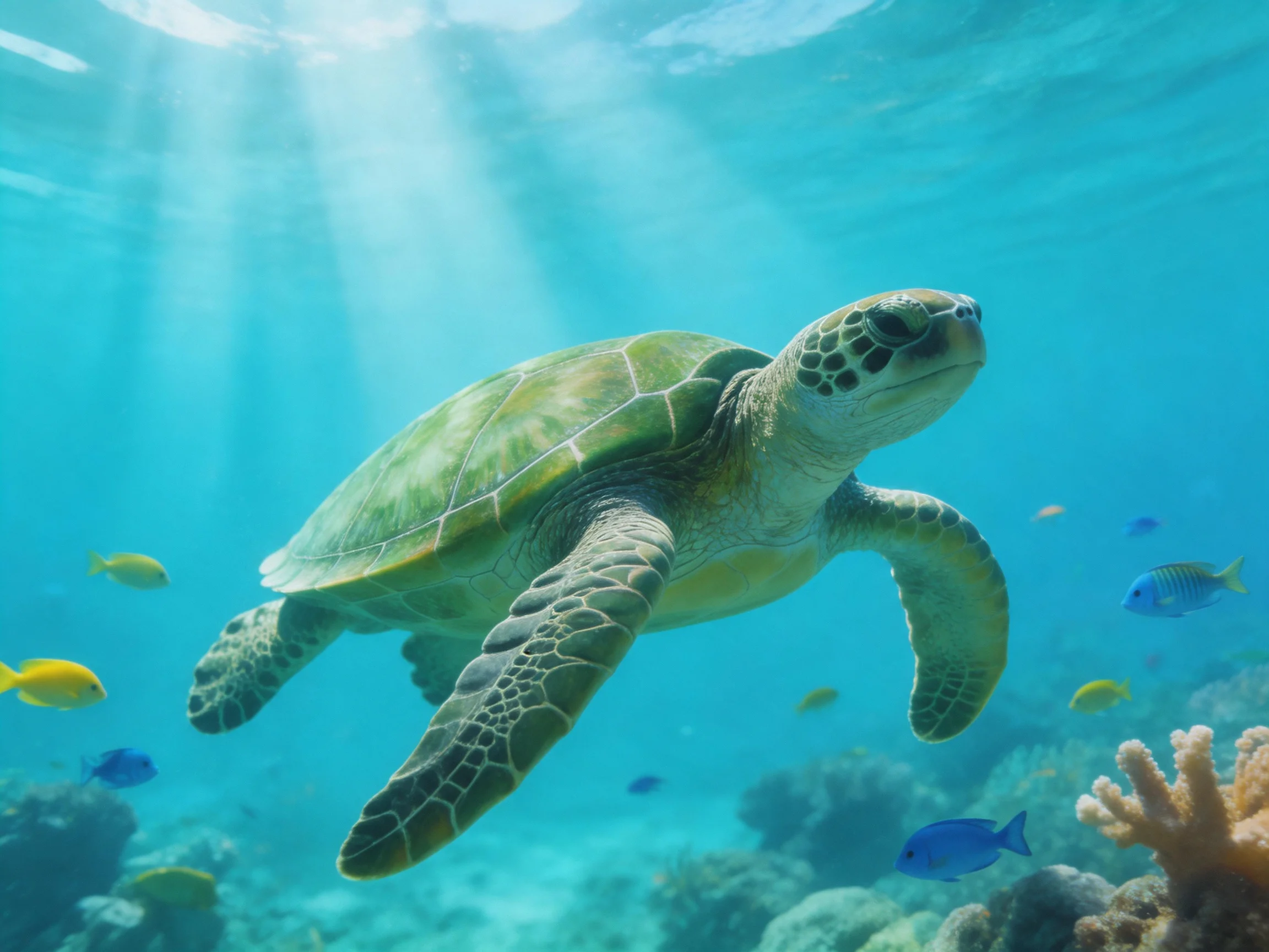 A green sea turtle swims among colorful fish in turquoise waters