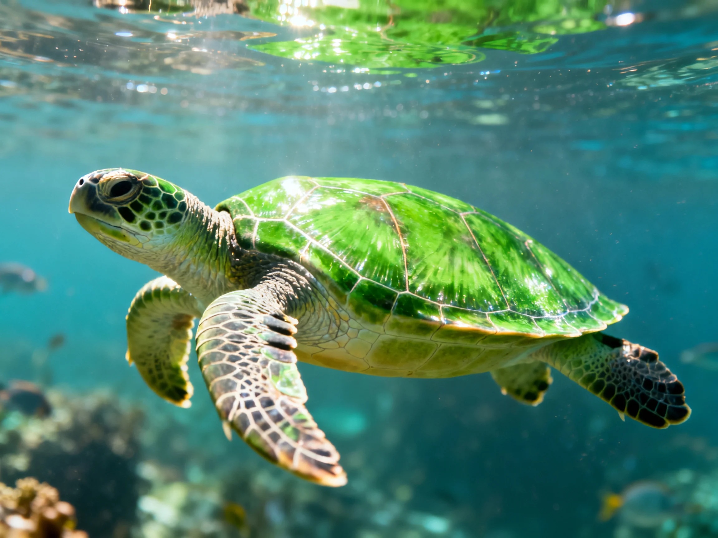 A green sea turtle swims in clear turquoise waters