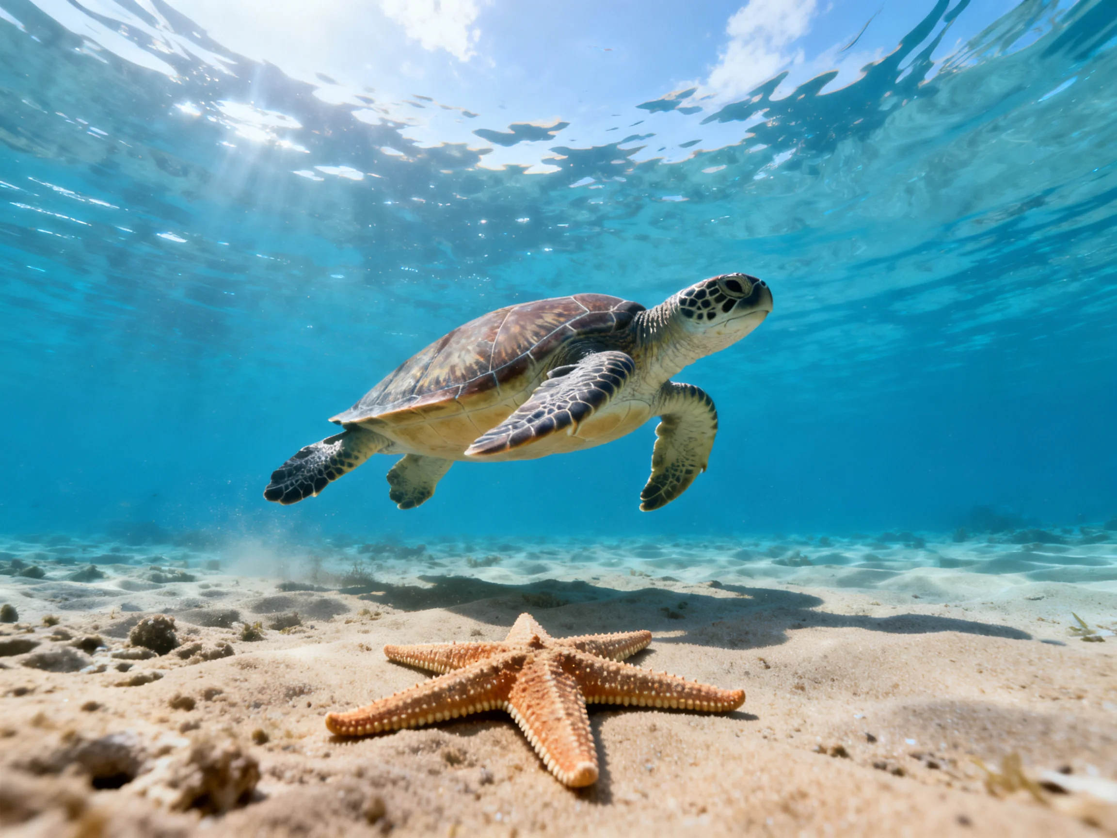 A green sea turtle swims near an orange starfish in clear turquoise water