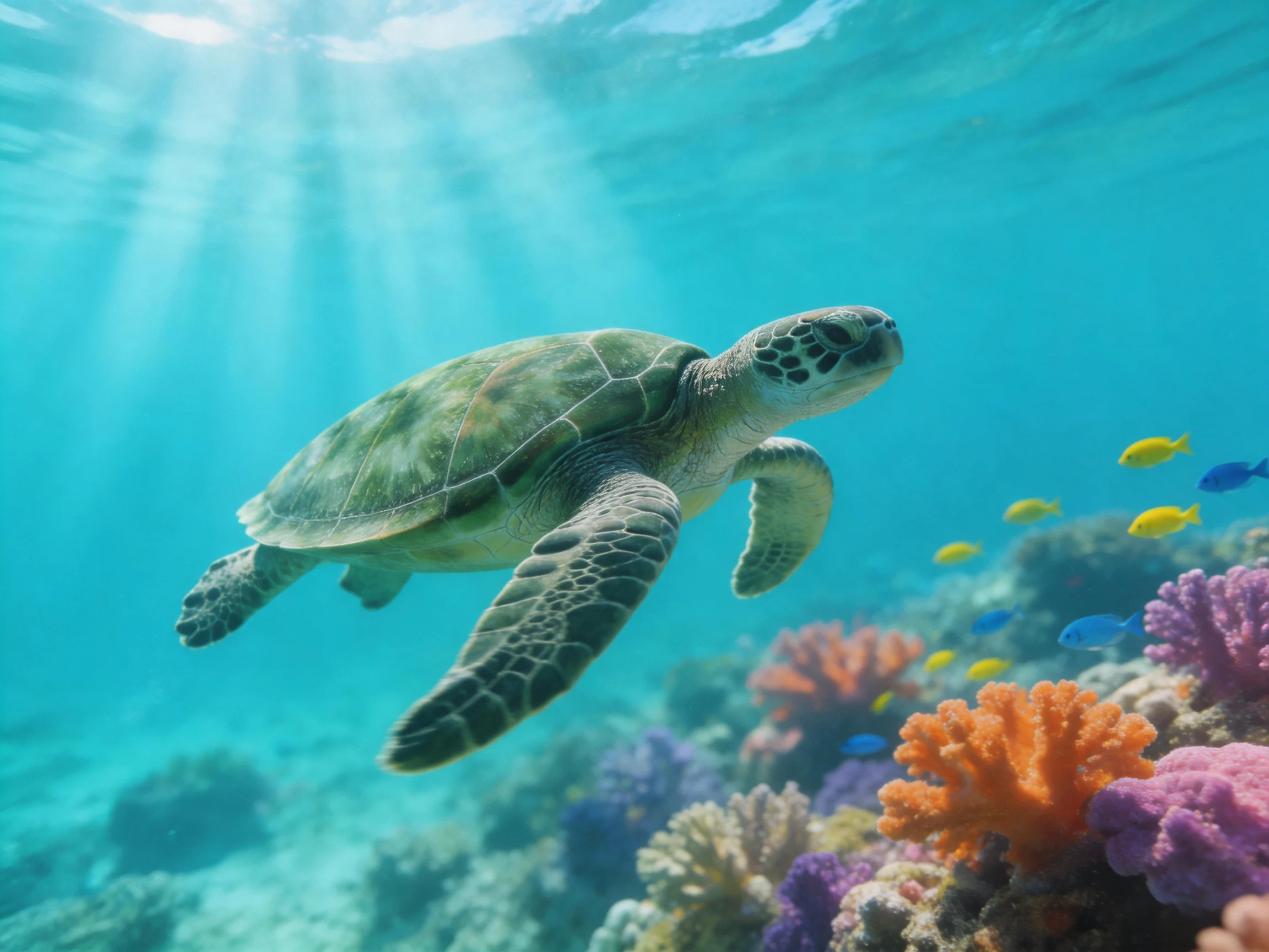 A green sea turtle swims near colorful coral reefs with small fish