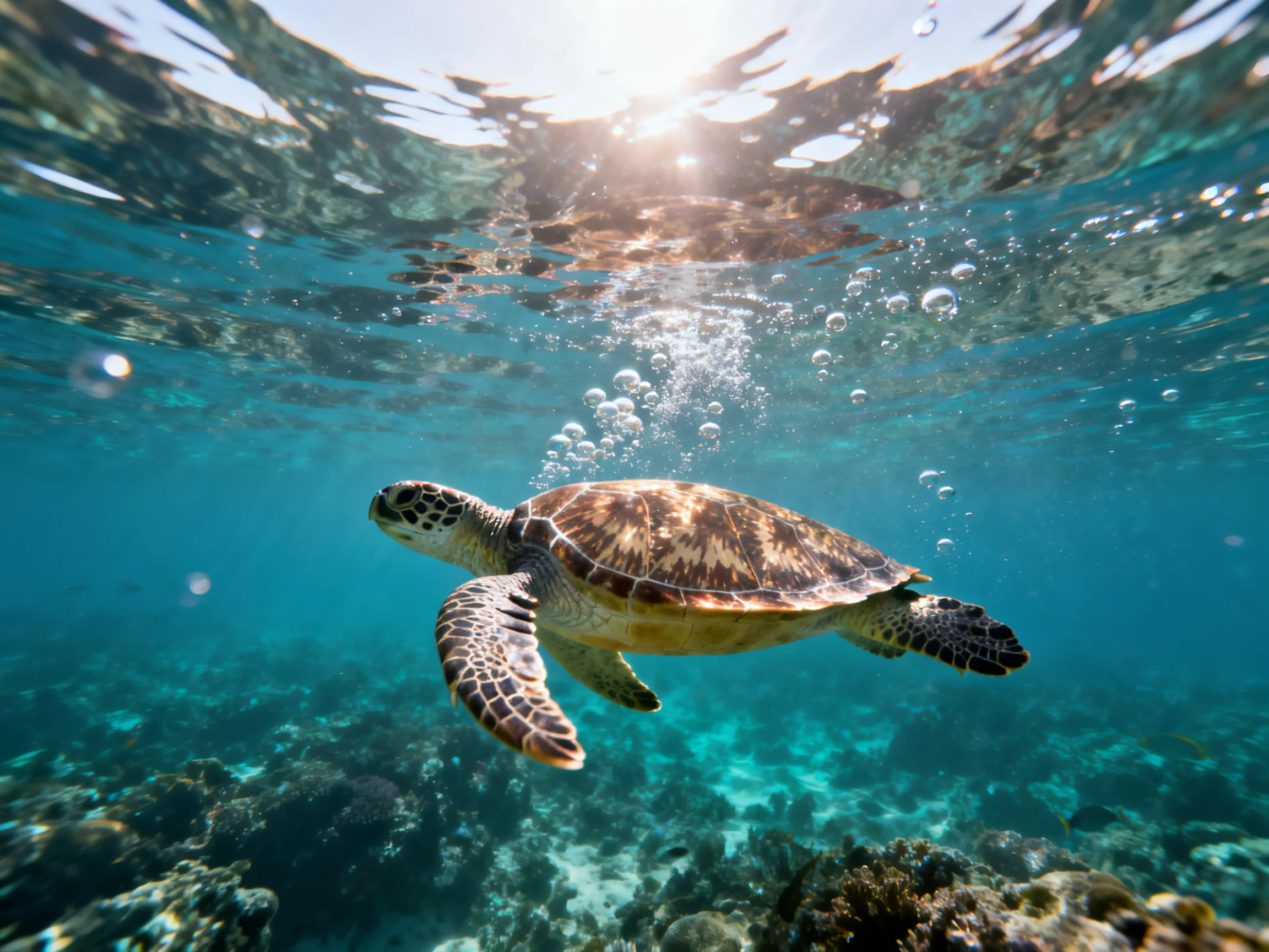 A green sea turtle swims near vibrant coral reefs under bright sunlight