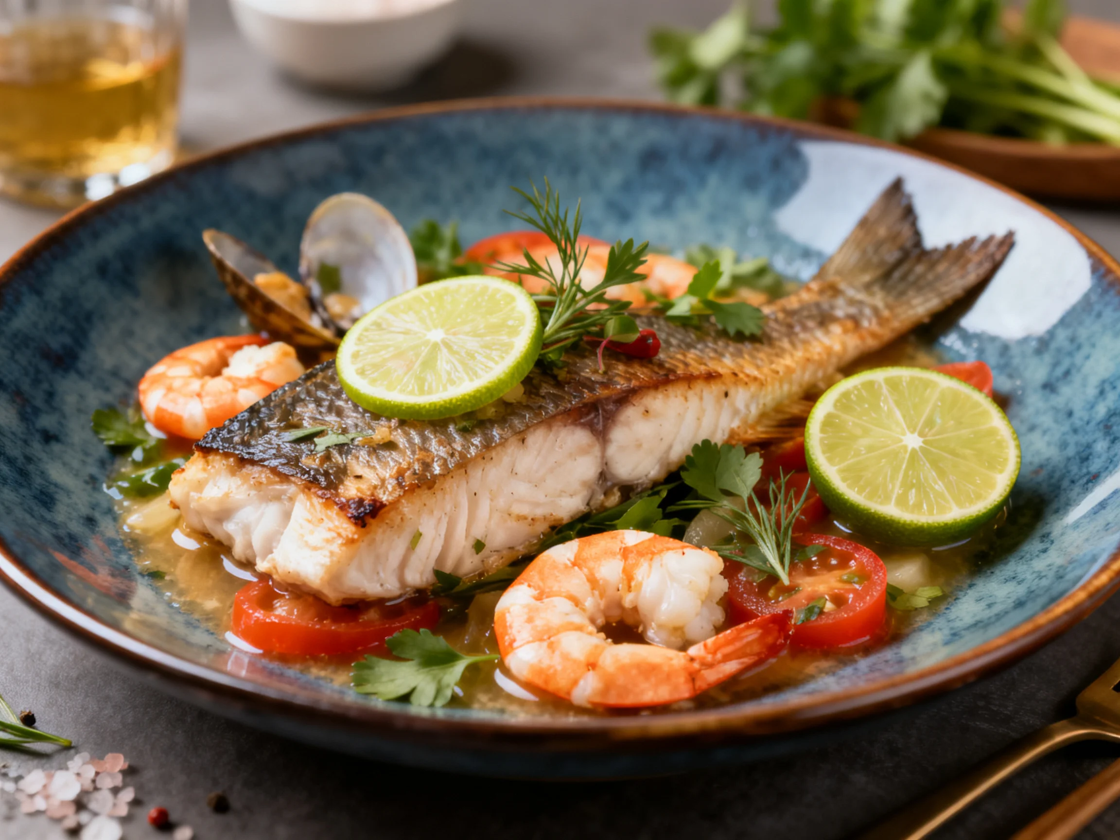A grilled fish and seafood medley with fresh herbs and citrus