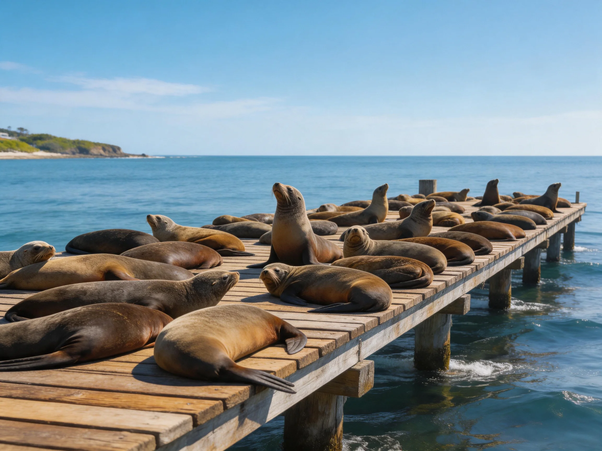A group of brown sea lions rests on a weathered wooden pier by the ocean