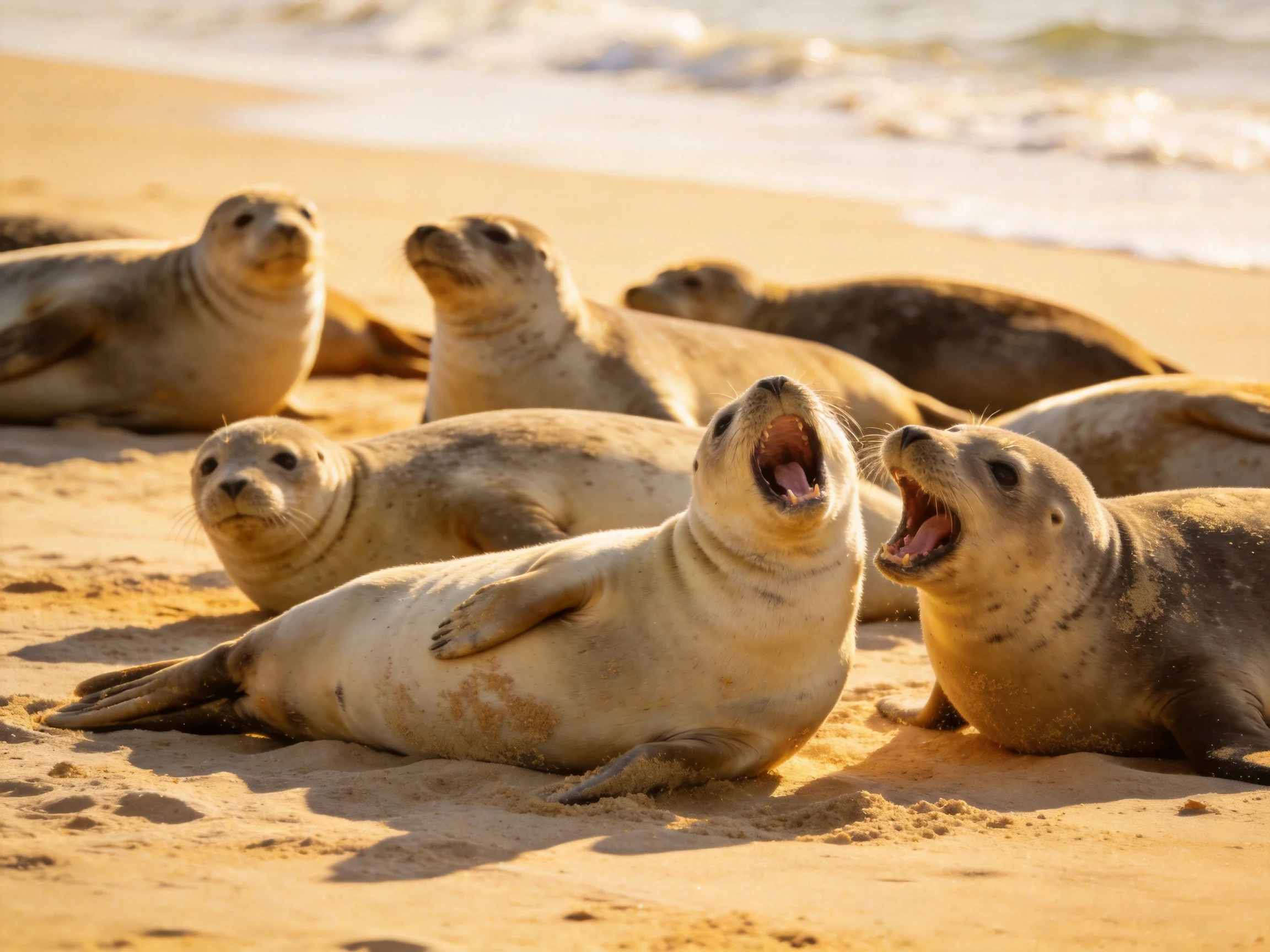 A group of seals lounges on sandy beach with ocean waves nearby