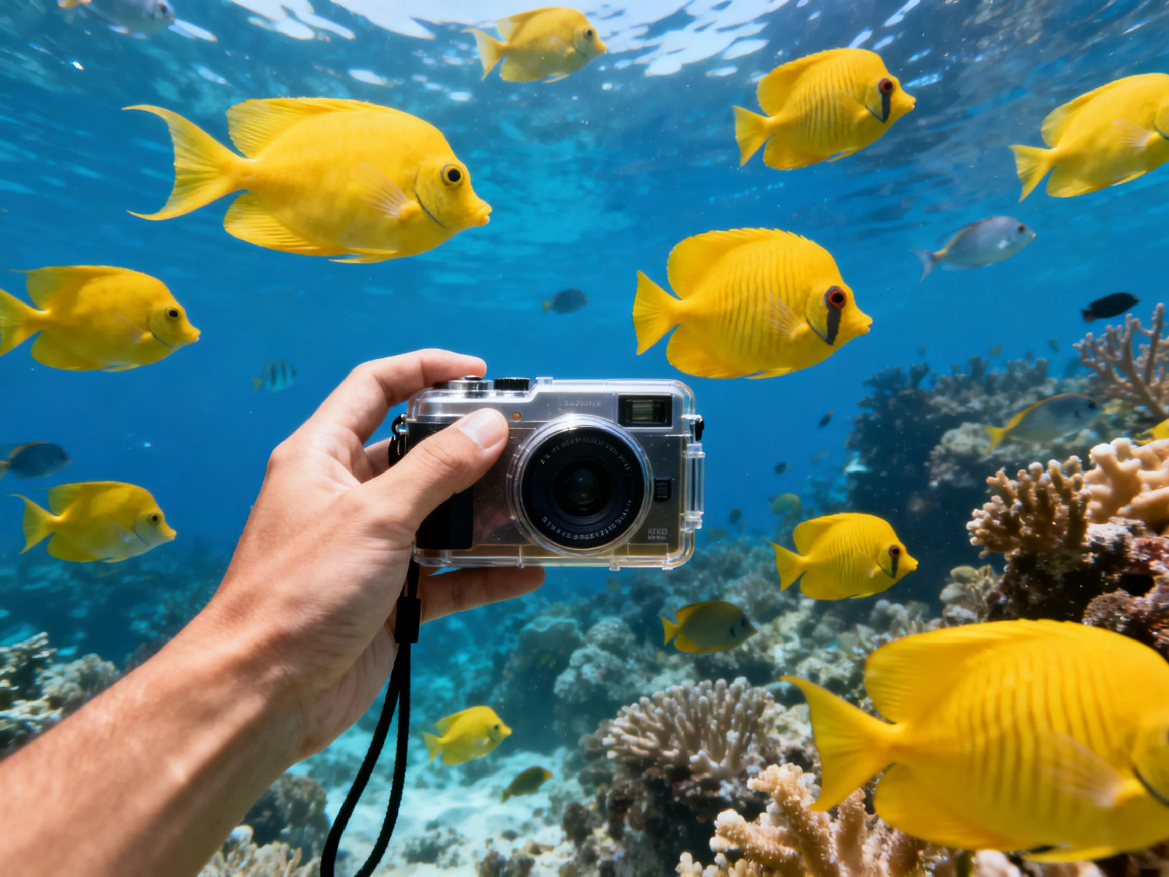 A hand photographs vibrant yellow fish amid coral reefs underwater
