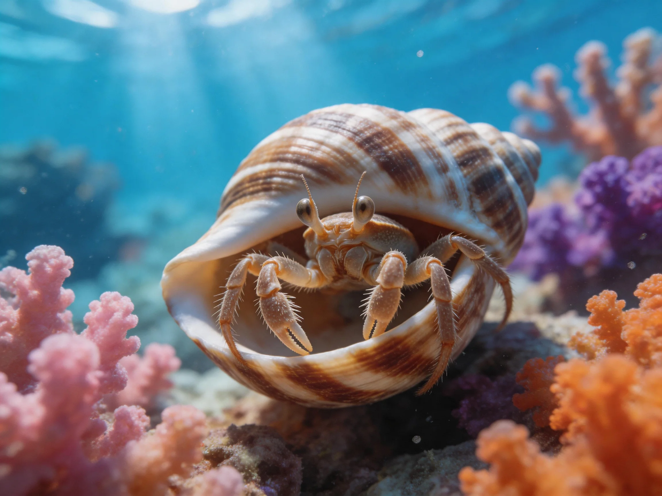 A hermit crab in a striped shell among colorful coral reefs