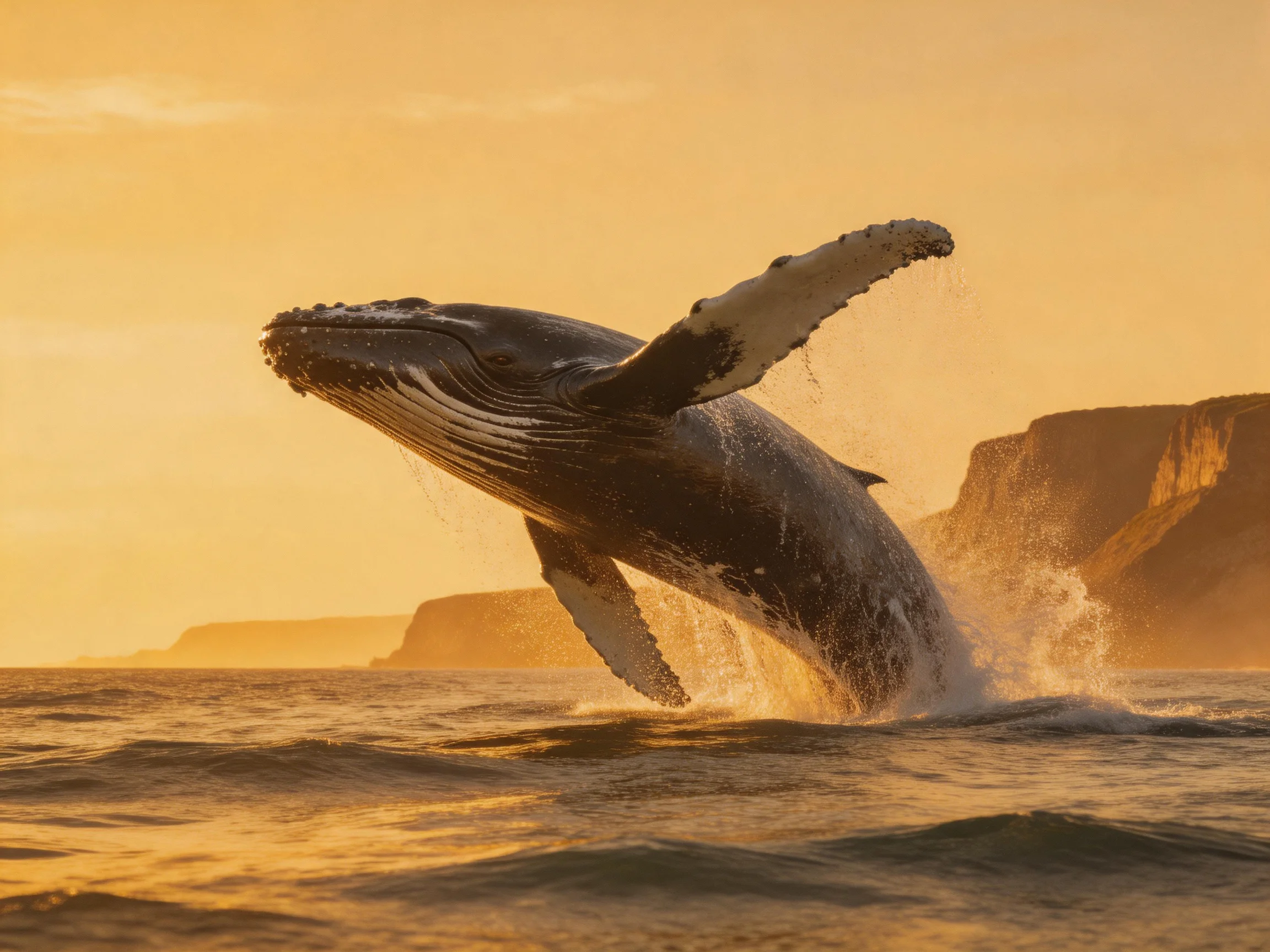 A humpback whale breaches golden ocean waters near rocky cliffs
