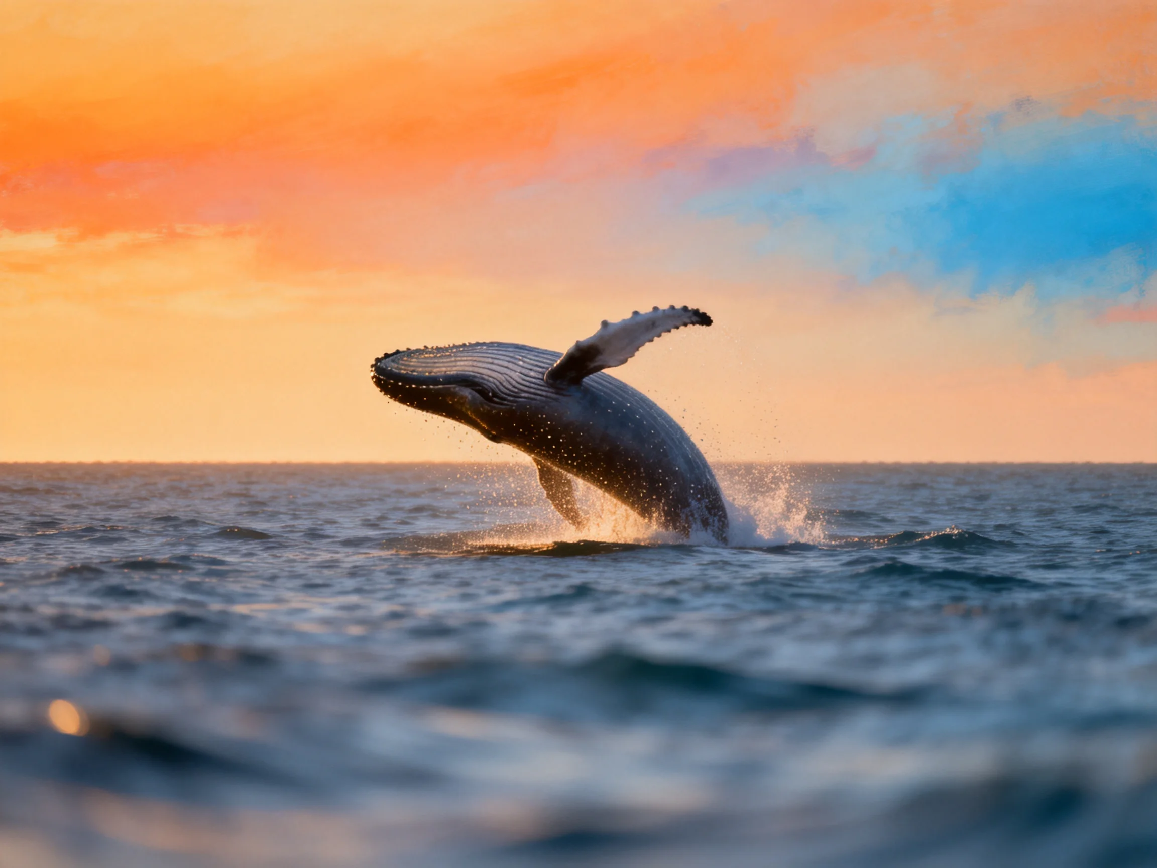 A humpback whale breaches the ocean at sunset with vibrant skies