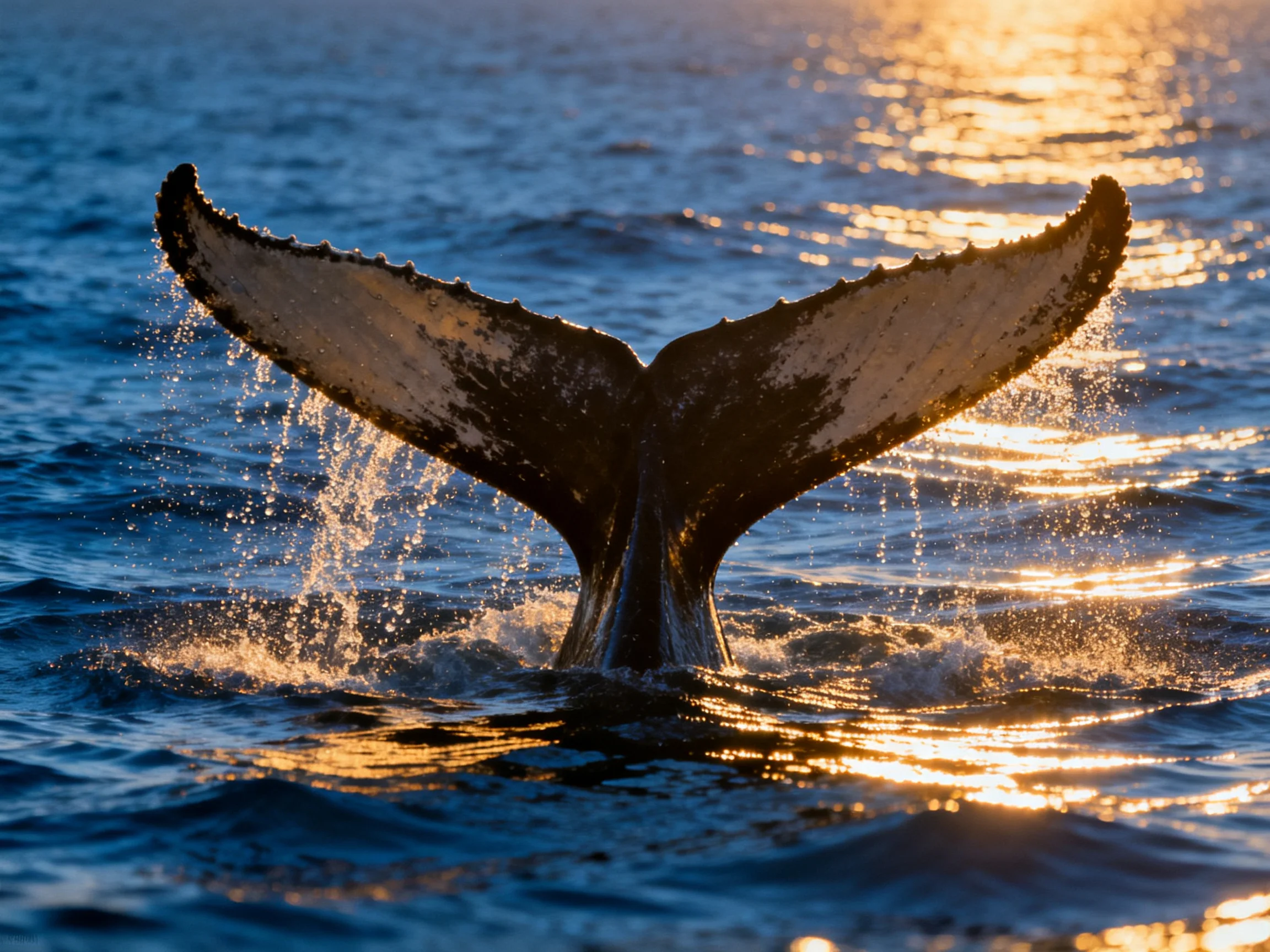 A humpback whale’s tail emerges from ocean waters at golden hour