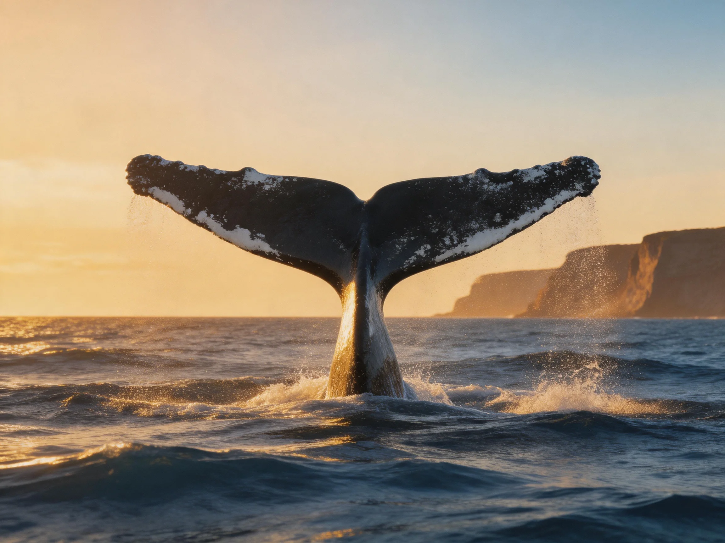 A humpback whale’s tail emerges from ocean waters near rocky cliffs at sunset