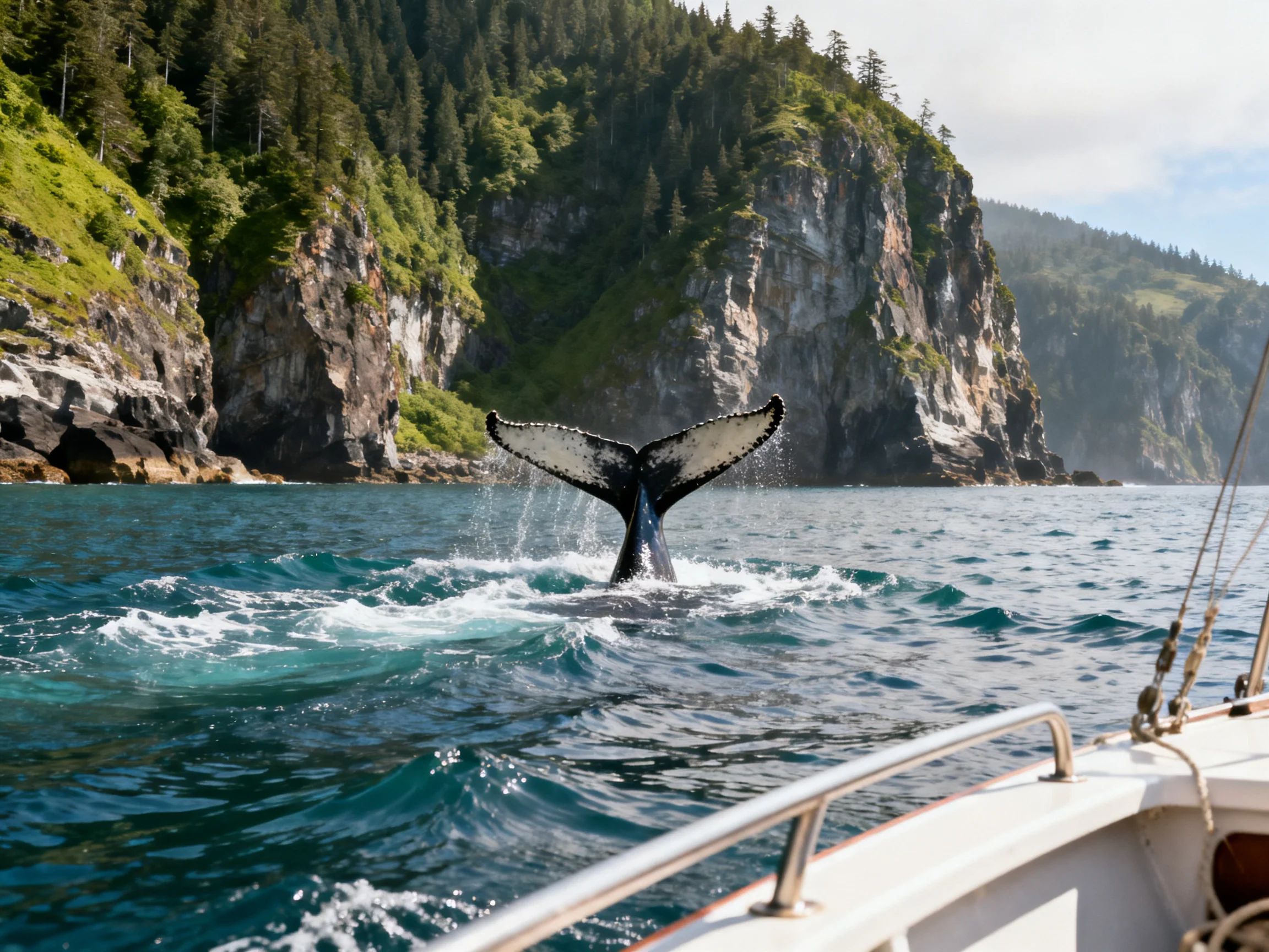 A humpback whale’s tail emerges from turquoise waters near steep forested cliffs