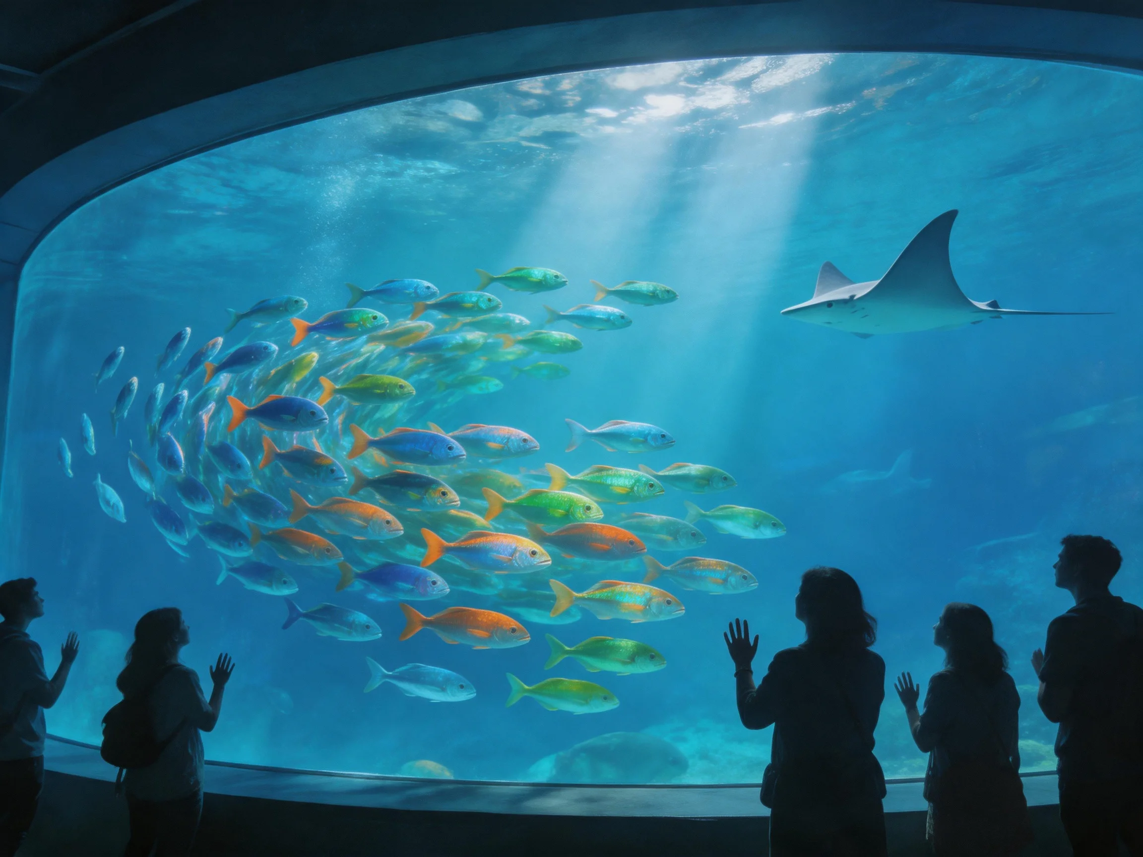 A large aquarium with colorful fish and a manta ray, viewed by visitors