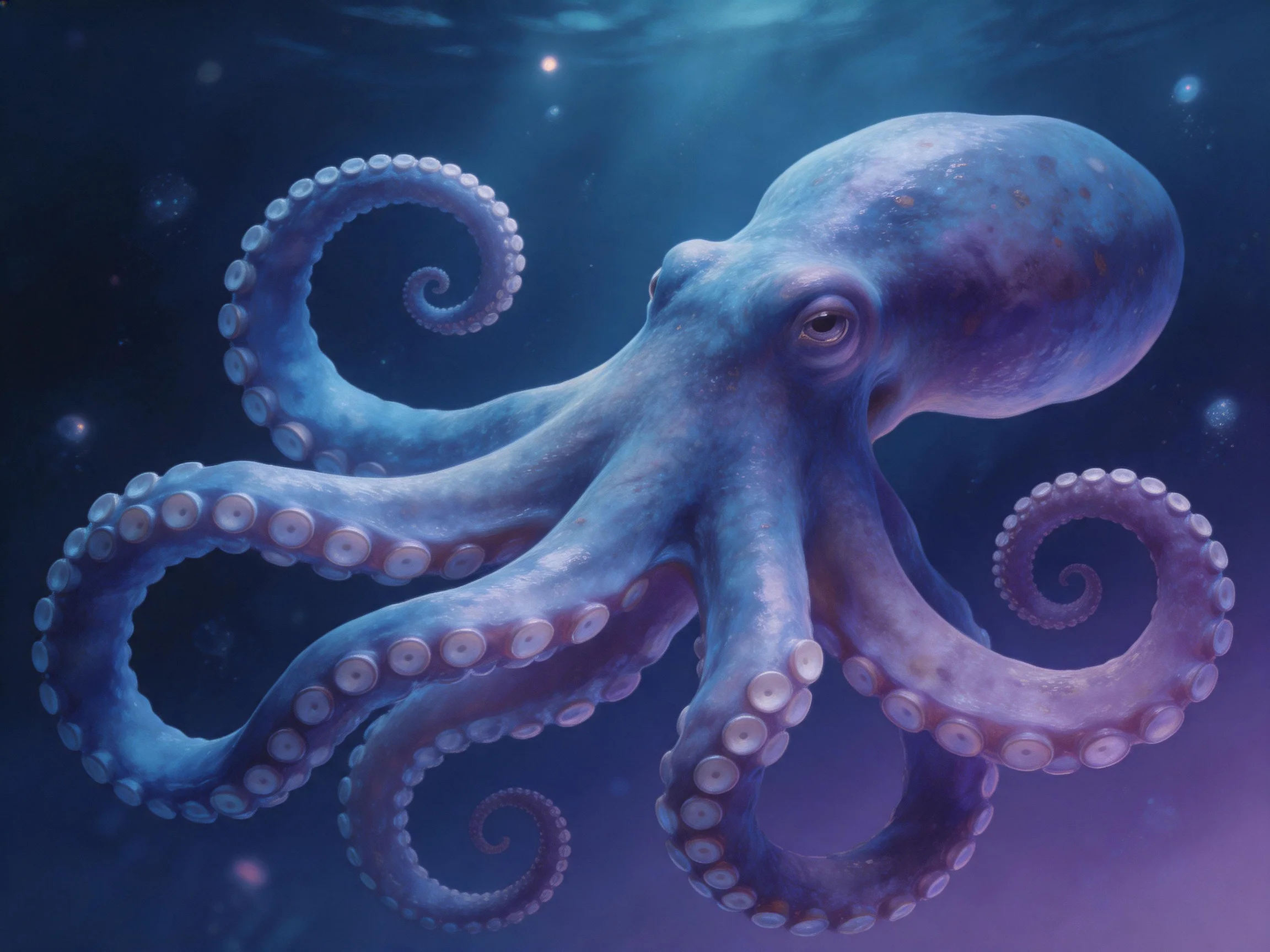 A large blue-purple octopus swimming in dark ocean waters