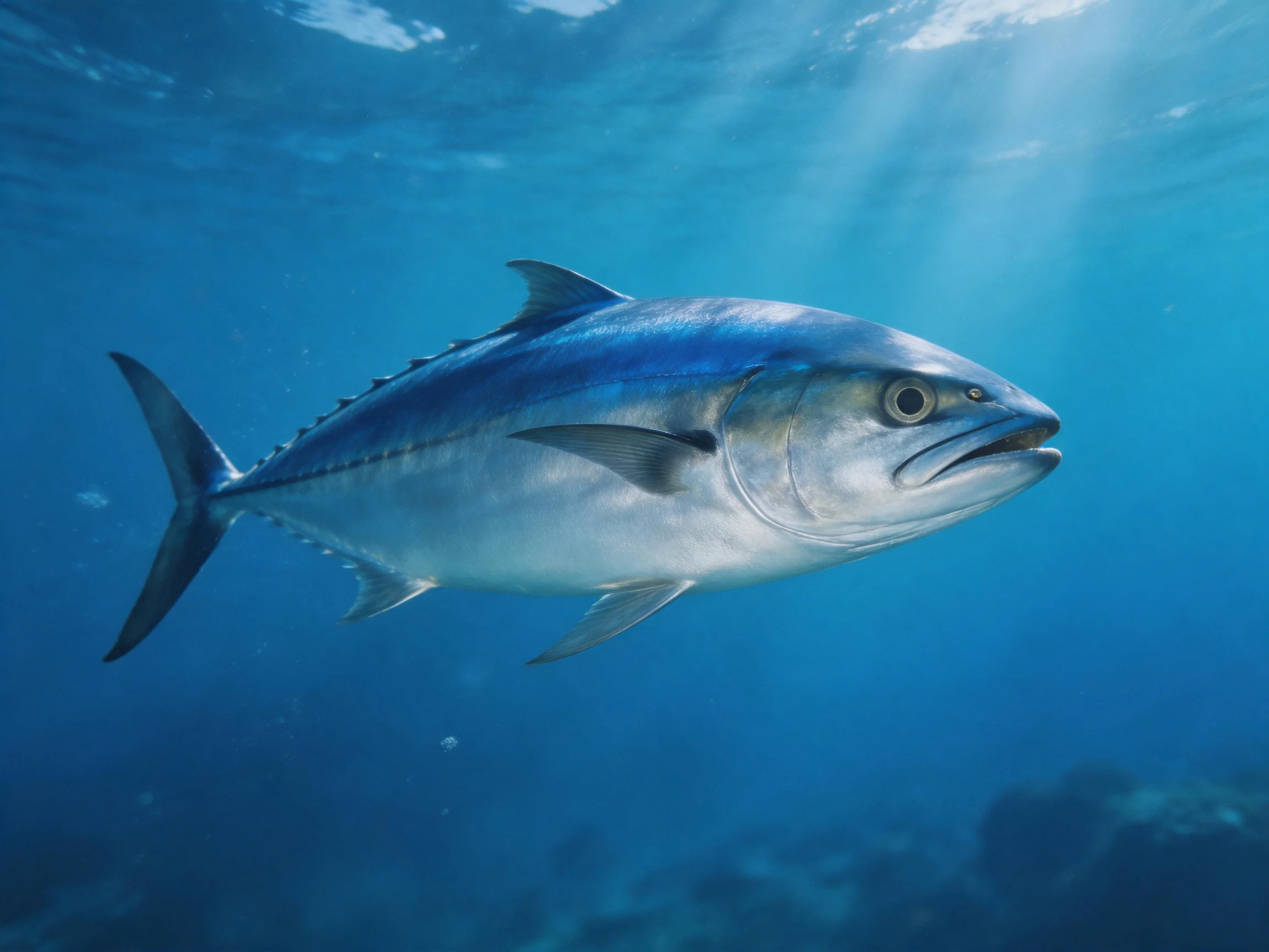A large blue tuna swims in clear turquoise ocean water