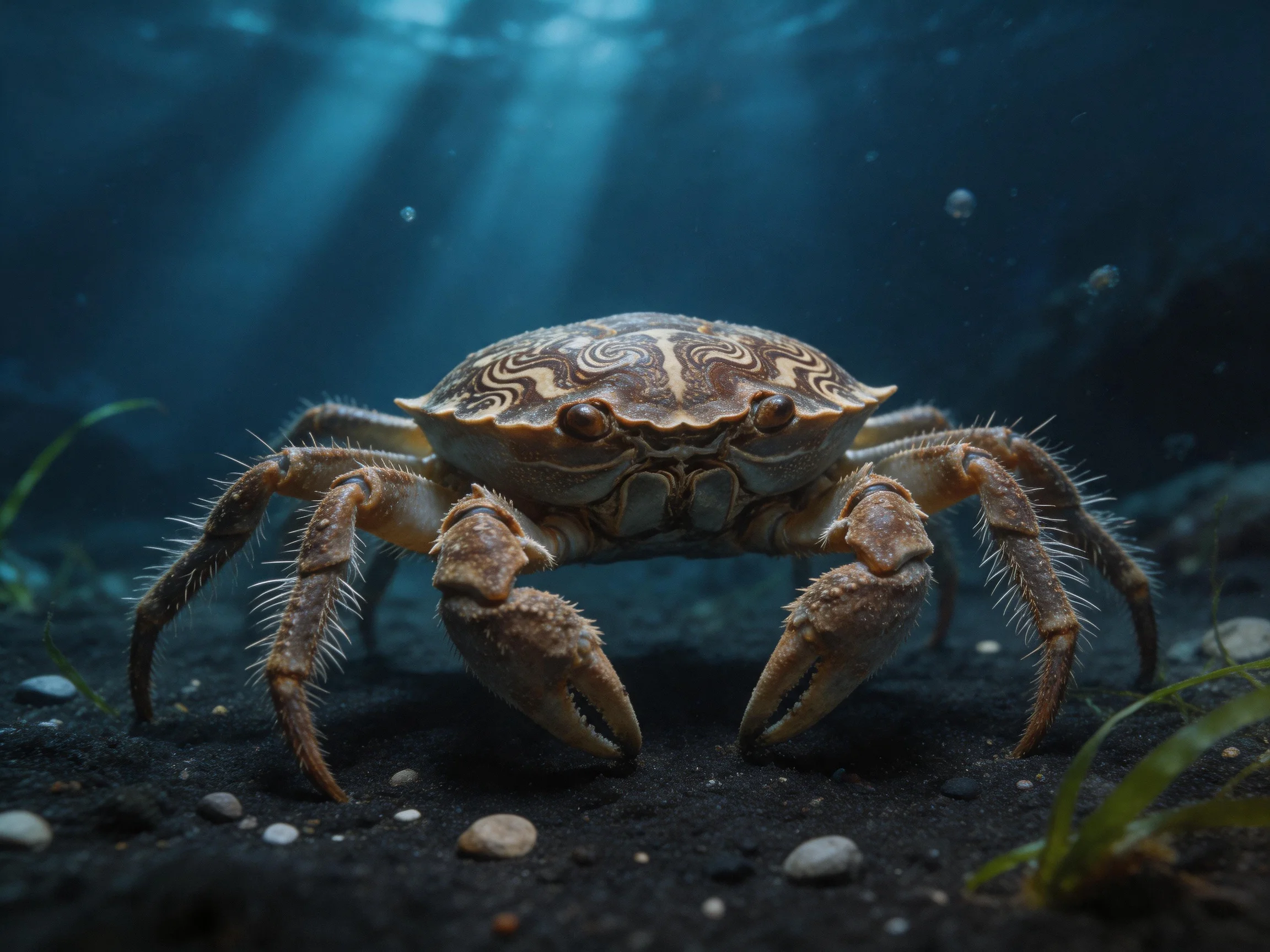 A large brown crab with intricate shell on dark sandy seabed