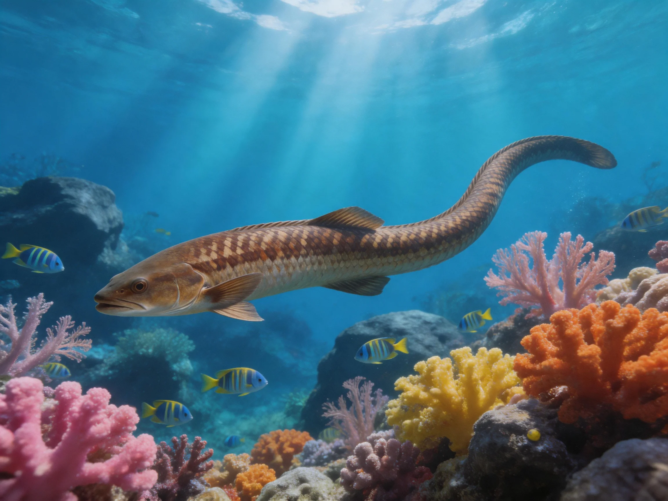 A large brown eel swims among colorful coral reefs and striped fish