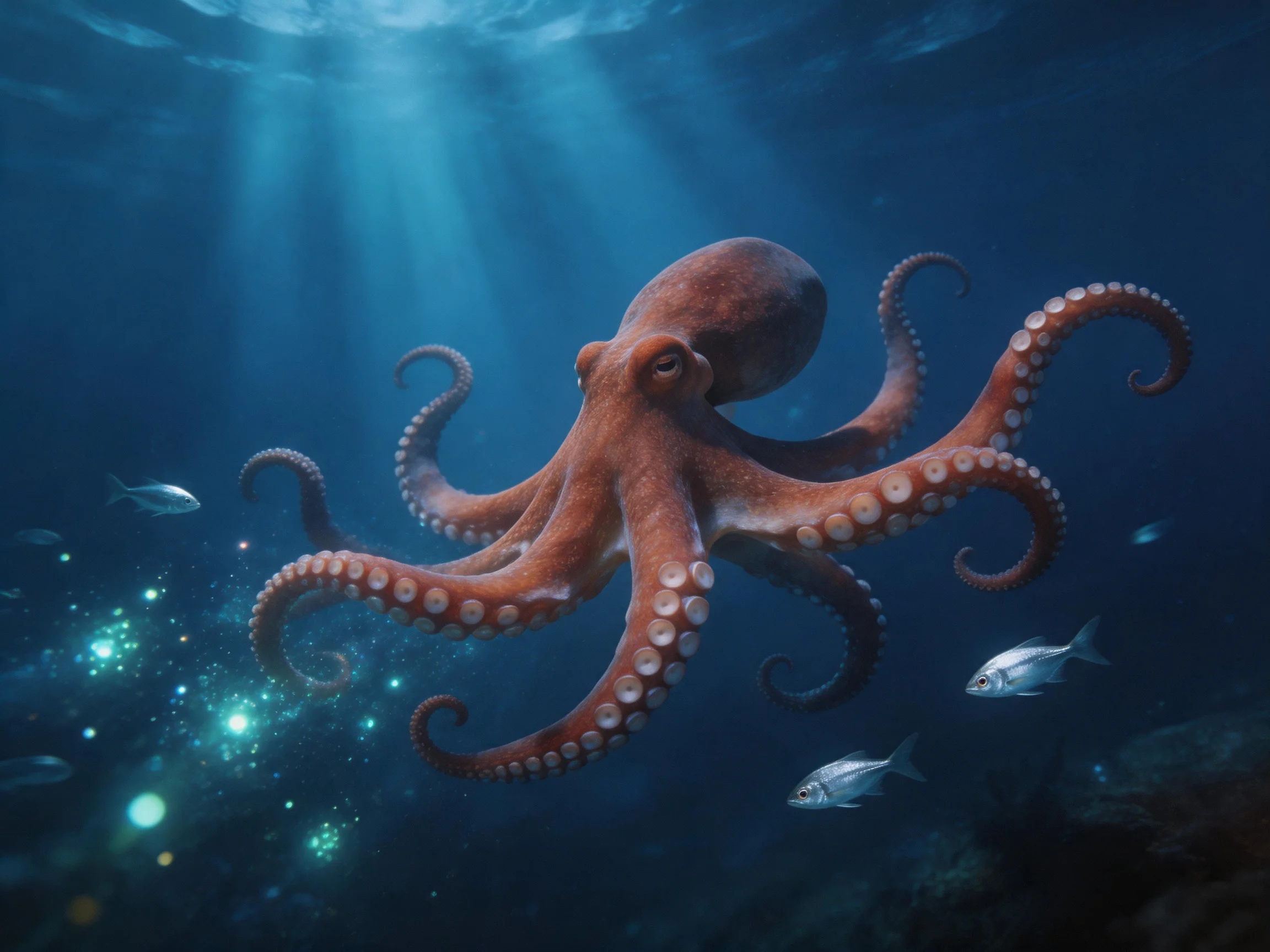 A large brown octopus swimming among silver fish in deep blue water
