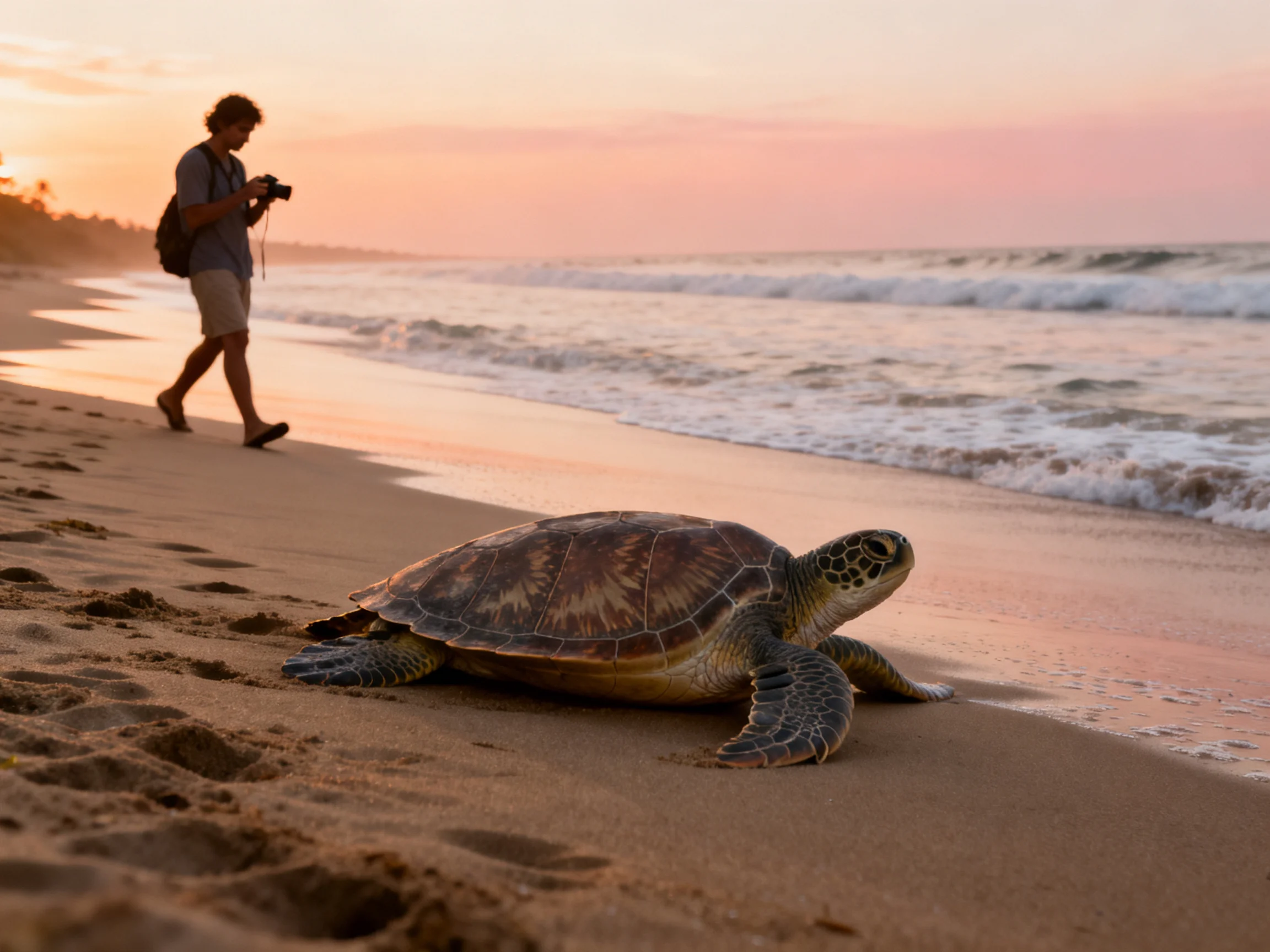 A large brown sea turtle rests on a golden sandy beach at sunset