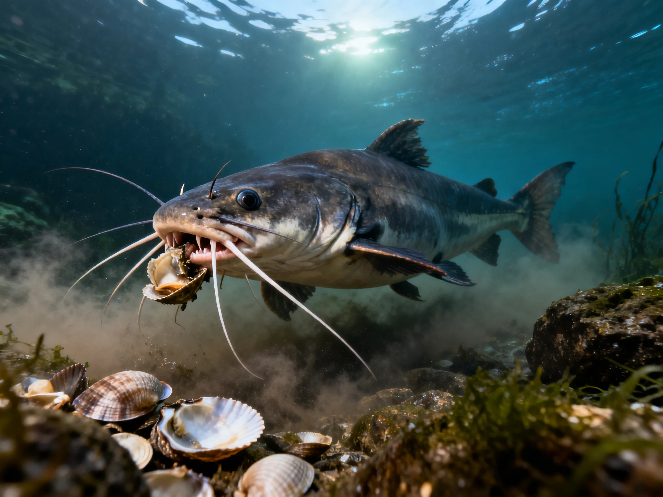 A large gray catfish feeding near seashells underwater