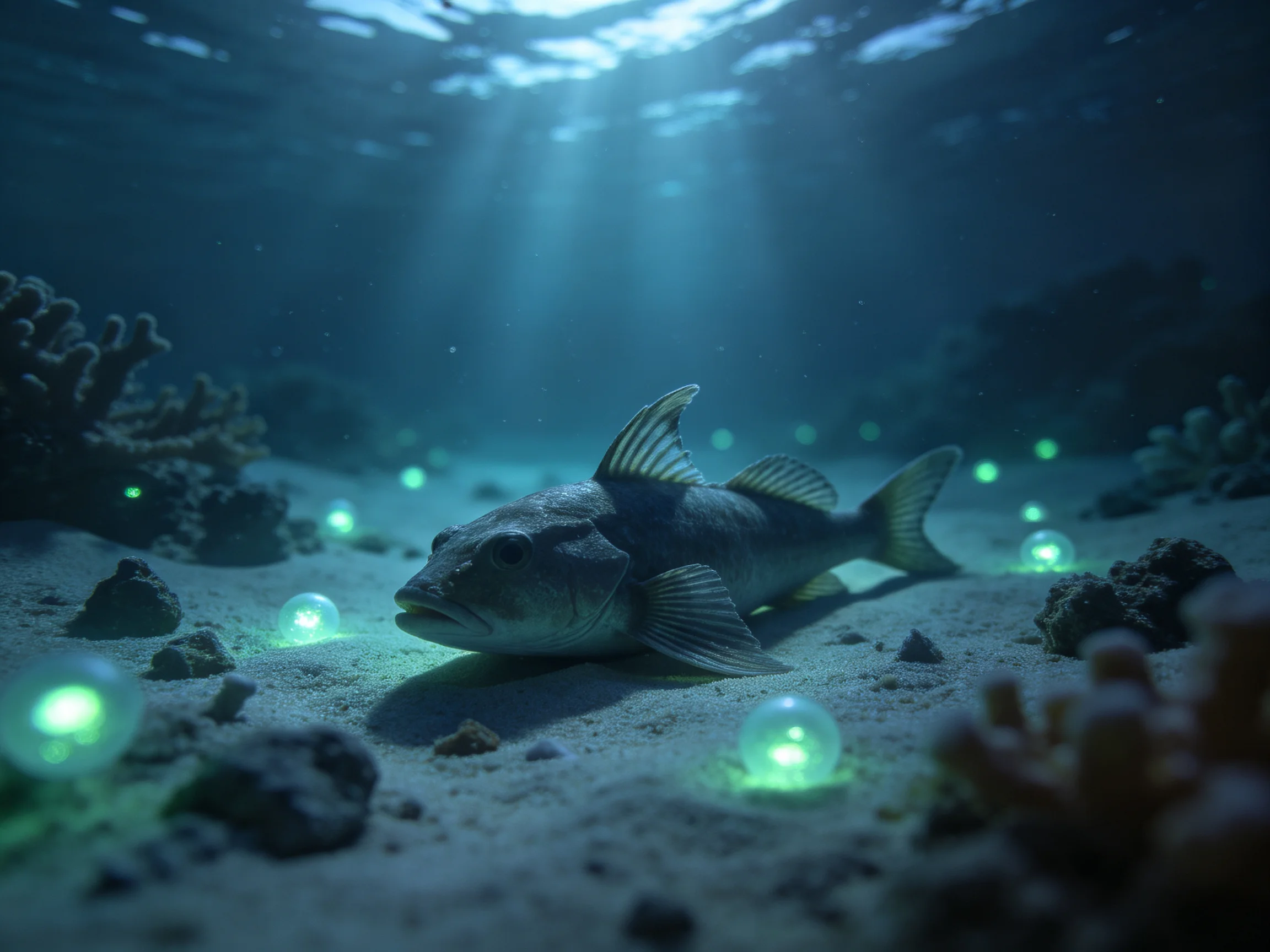 A large gray fish rests among glowing orbs on sandy ocean floor