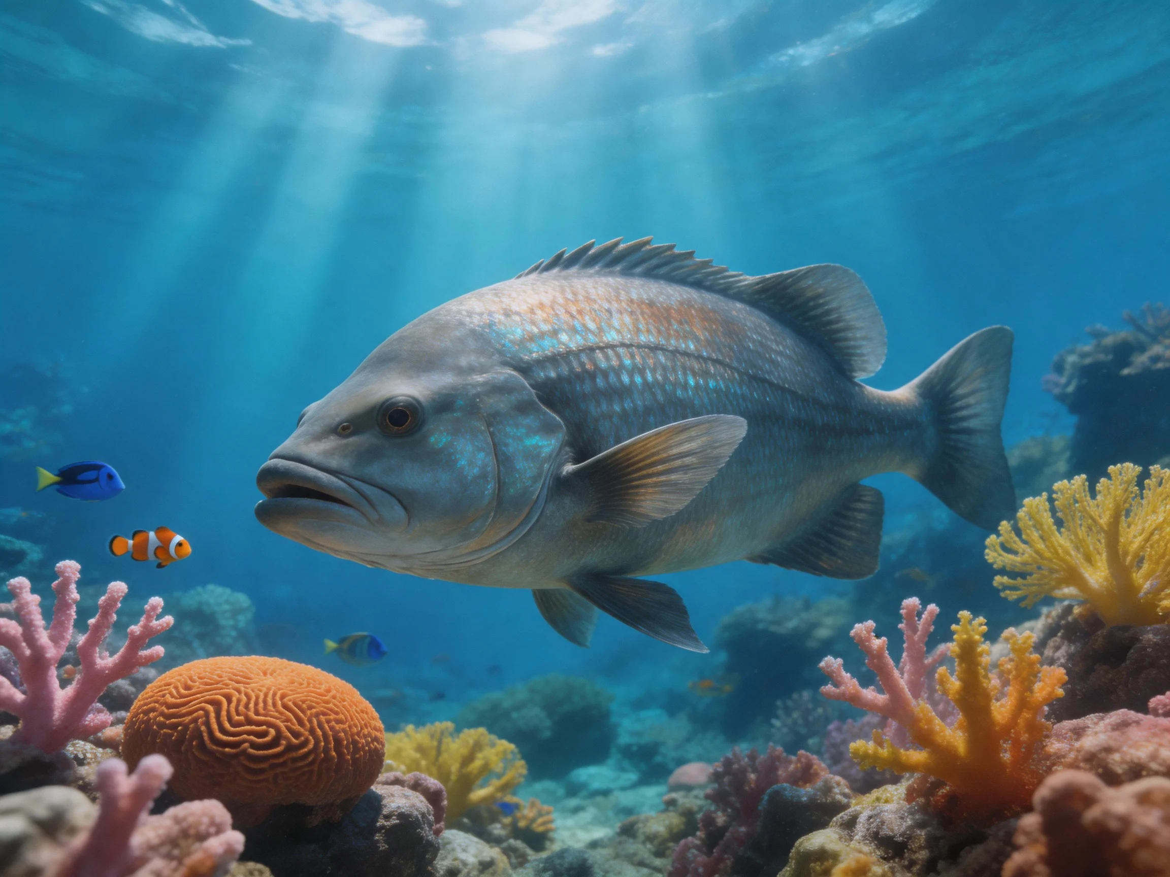 A large gray fish swims among colorful coral reefs