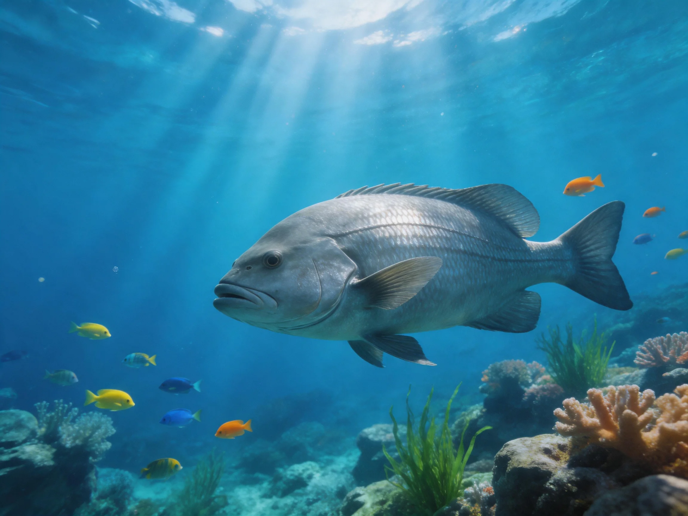 A large gray fish swims among colorful small fish near coral reefs