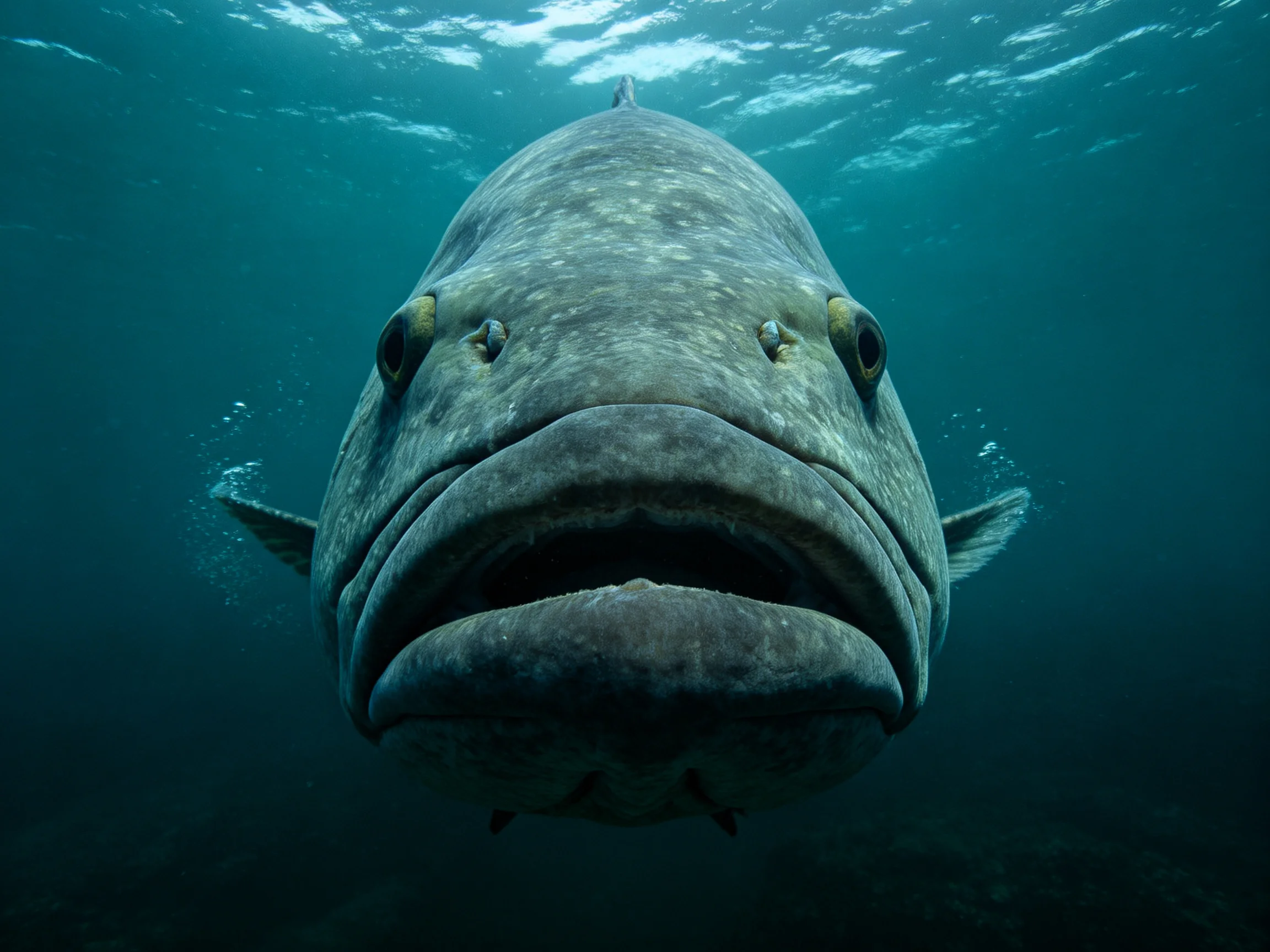A large gray fish swims toward the camera in deep blue ocean waters