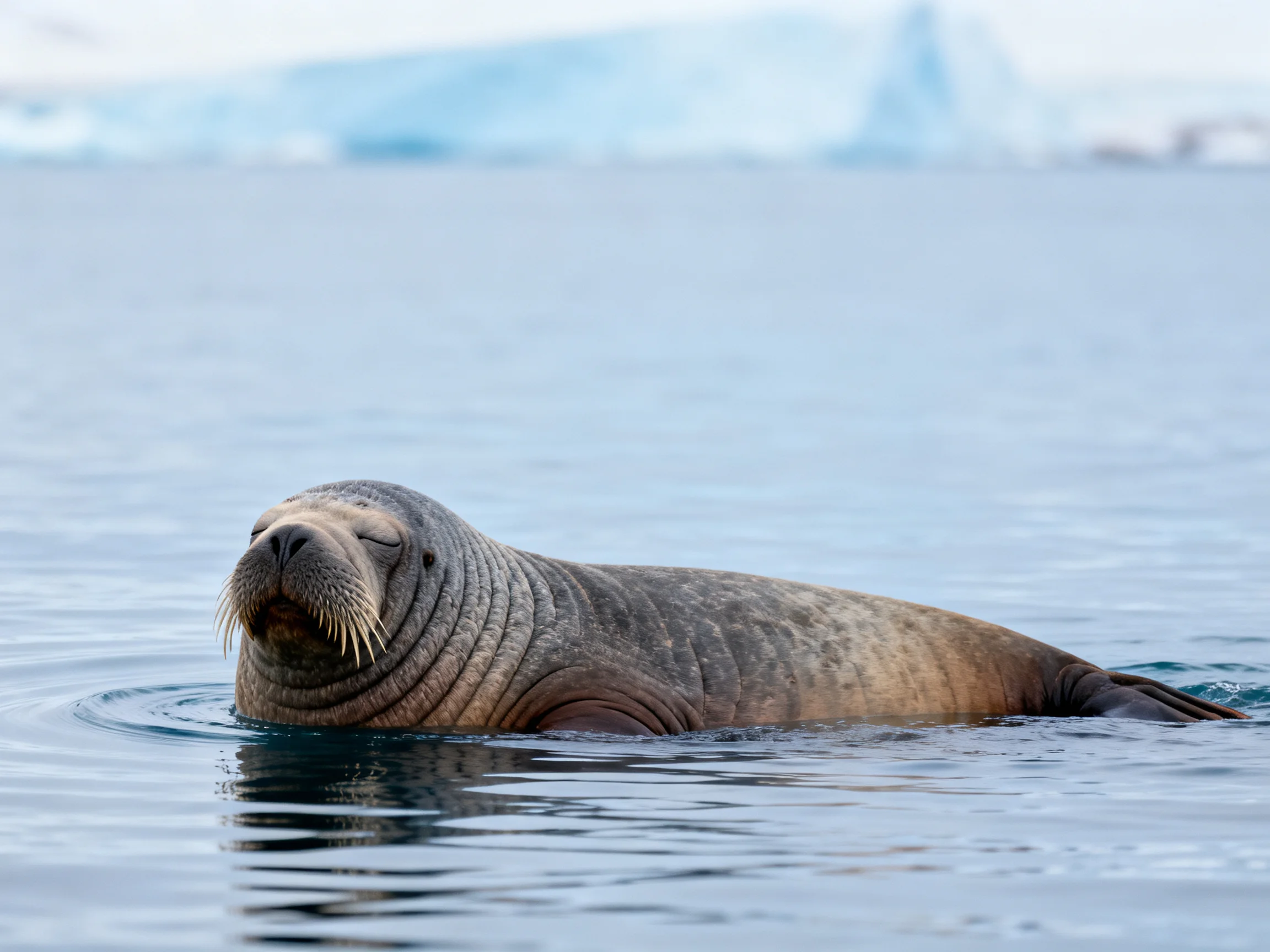 A large gray seal floats in calm blue waters near icy formations