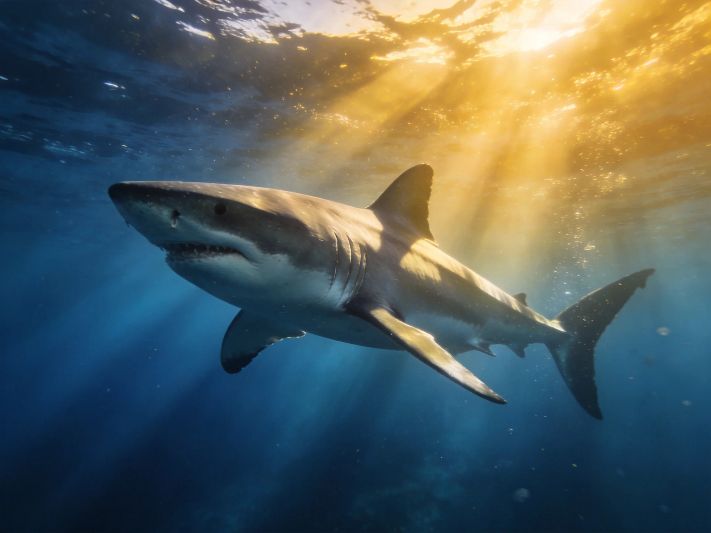 A large gray shark swims in deep blue water with golden sunlight