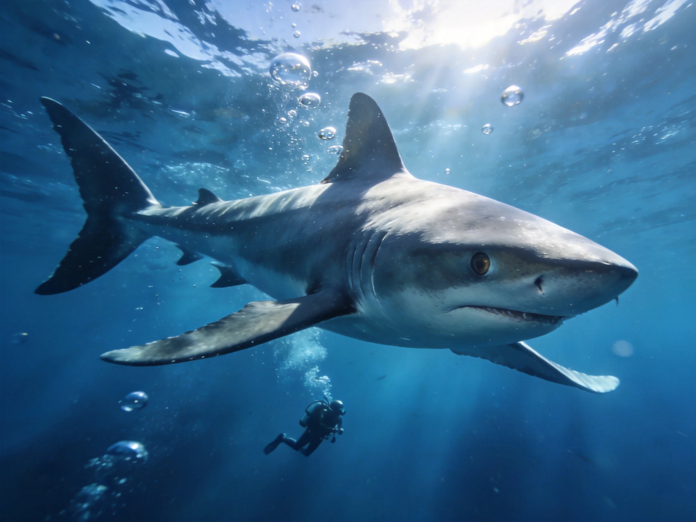 A large gray shark swims near a scuba diver in deep blue water