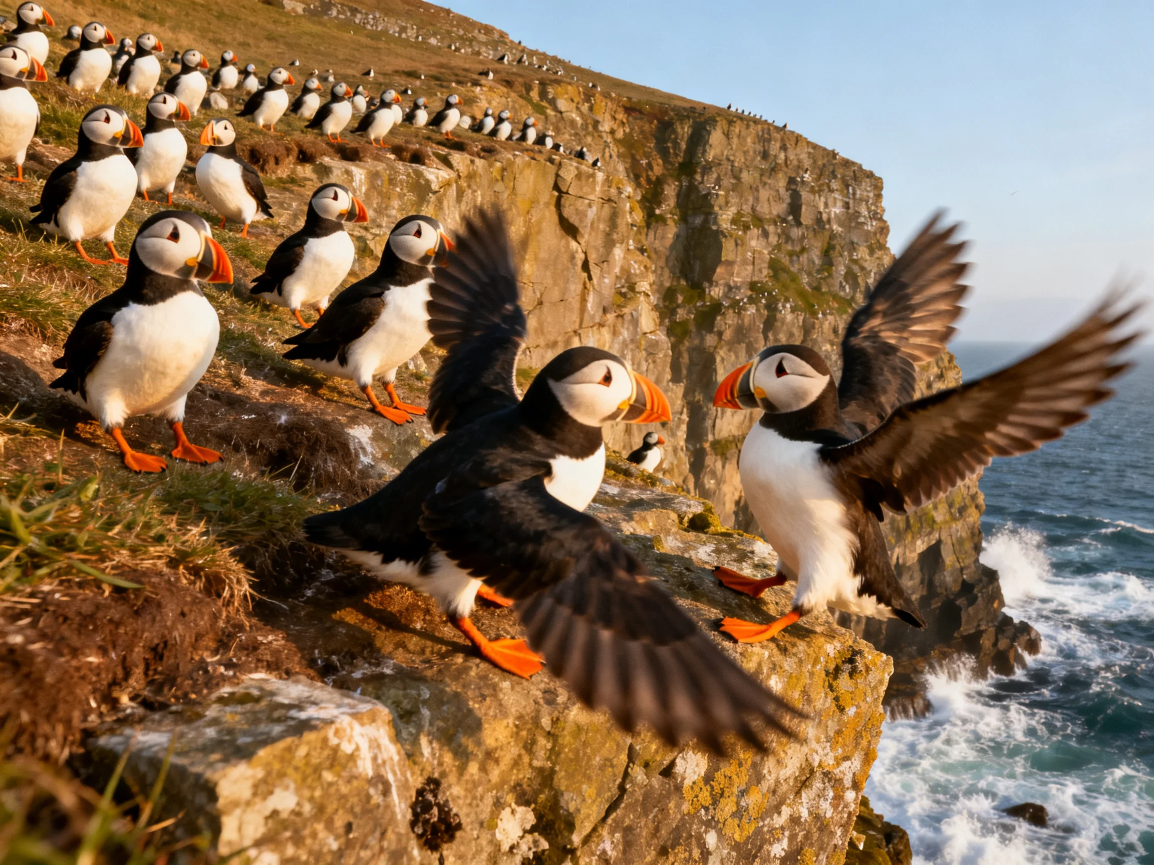A large group of puffins with orange beaks on rocky cliffs by the ocean