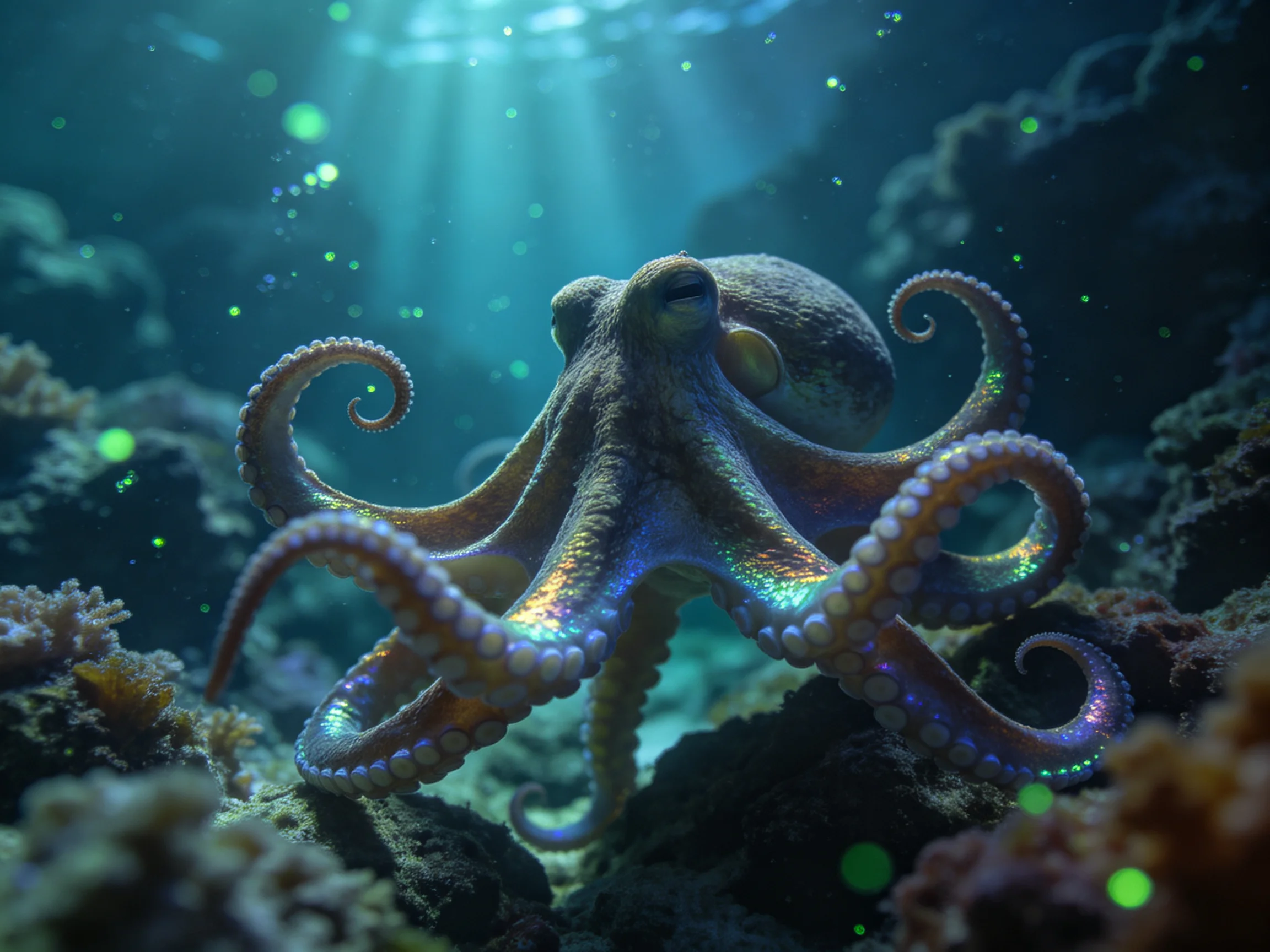 A large octopus with iridescent tentacles in an underwater coral habitat