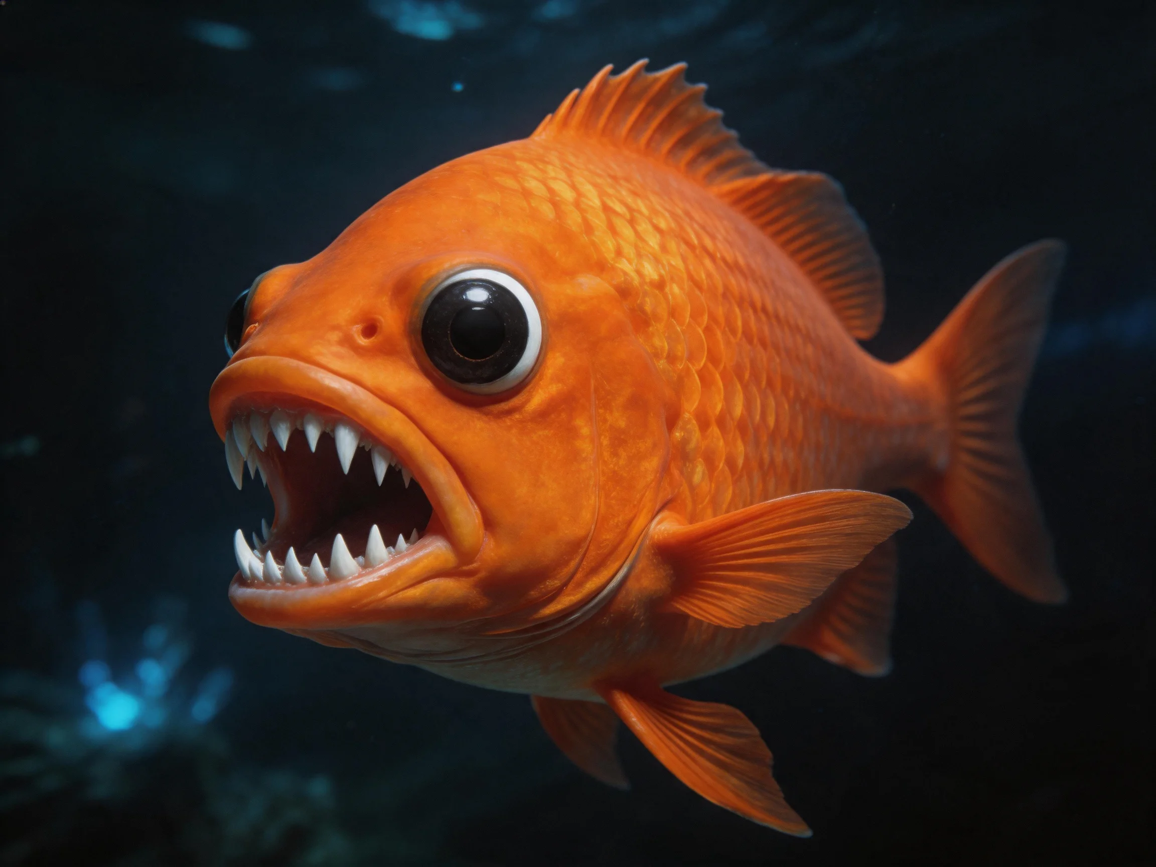 A large orange fish with big black eyes and sharp teeth swimming underwater