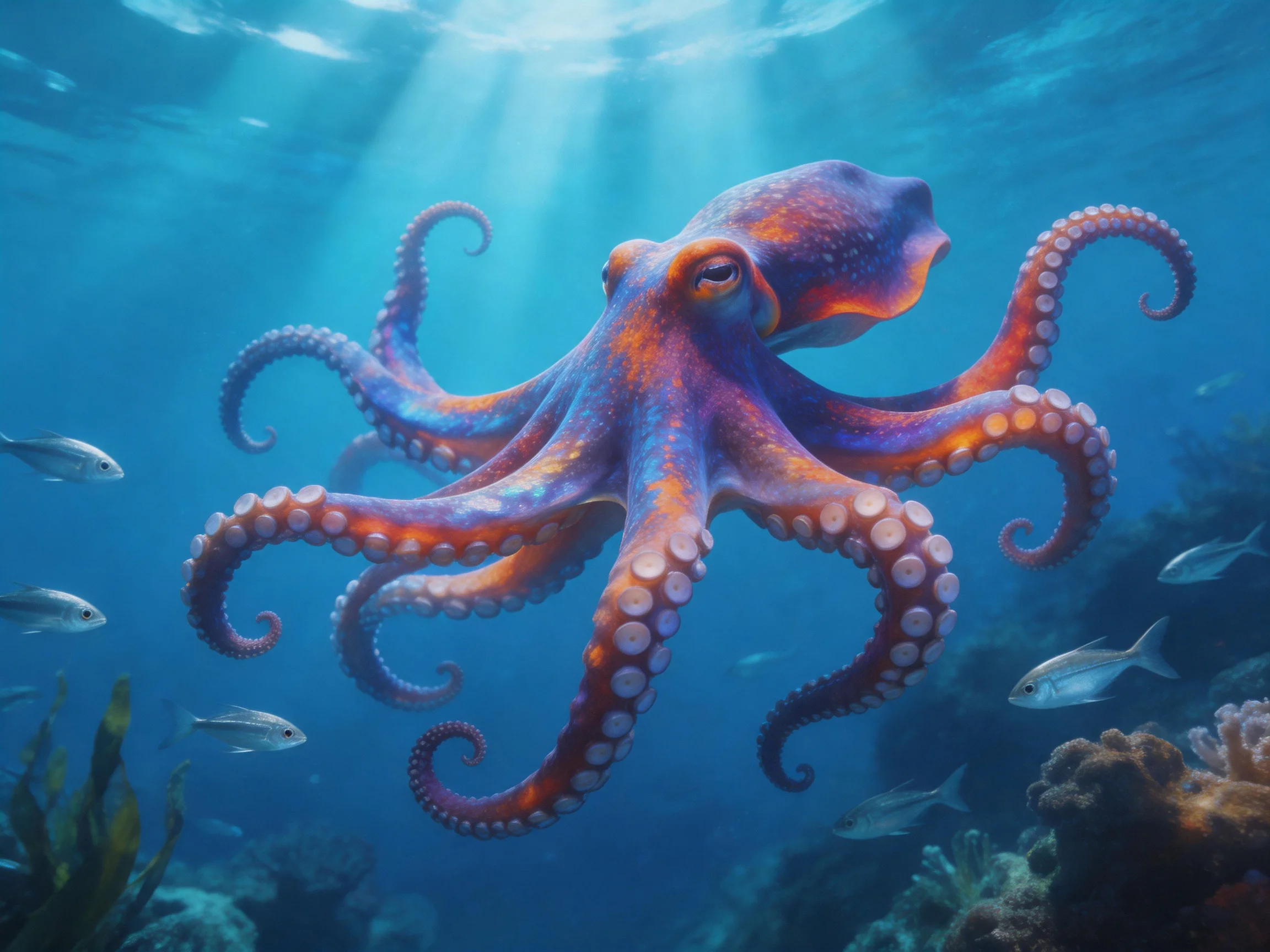 A large purple and orange octopus swims with small silver fish near coral reefs