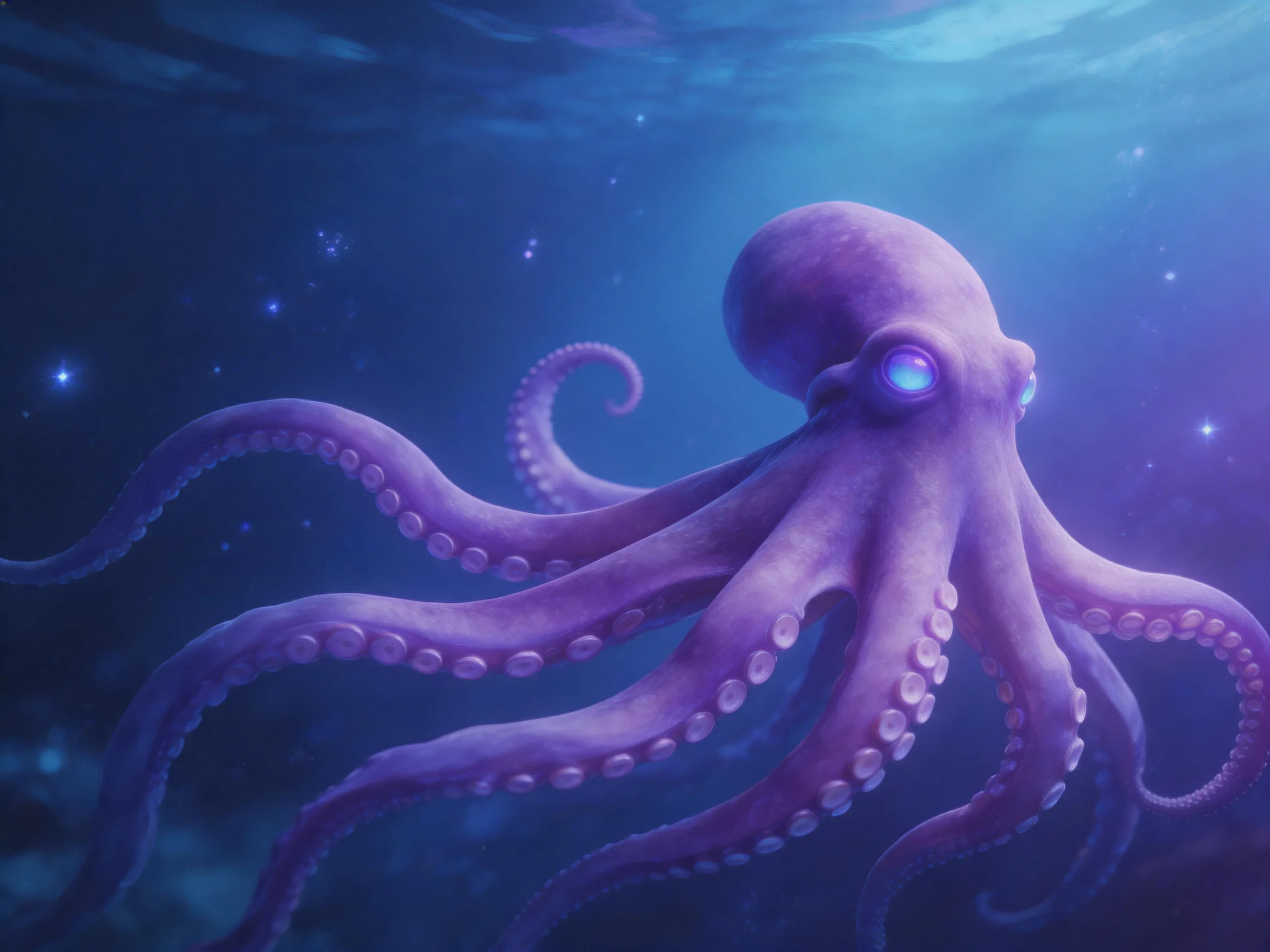 A large purple octopus glides through a deep blue underwater environment