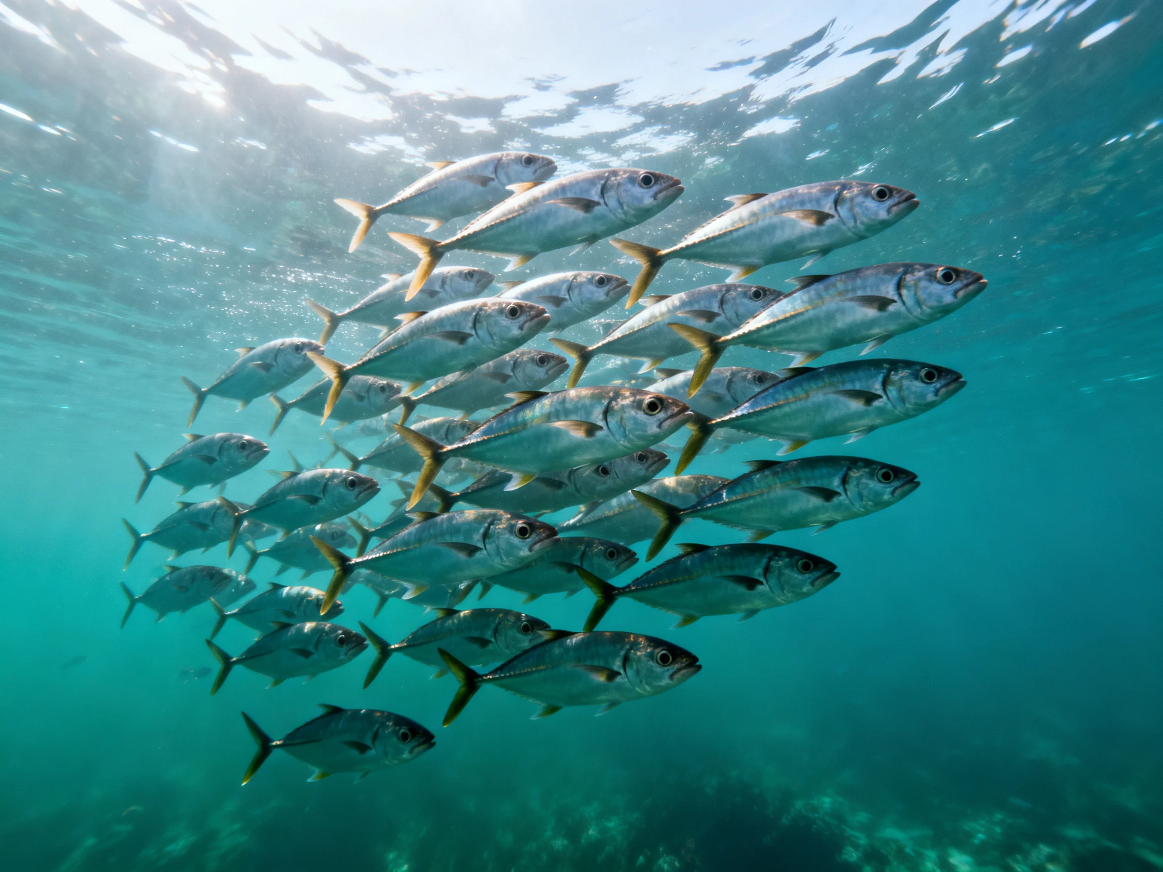 A large school of silver fish swimming in turquoise waters