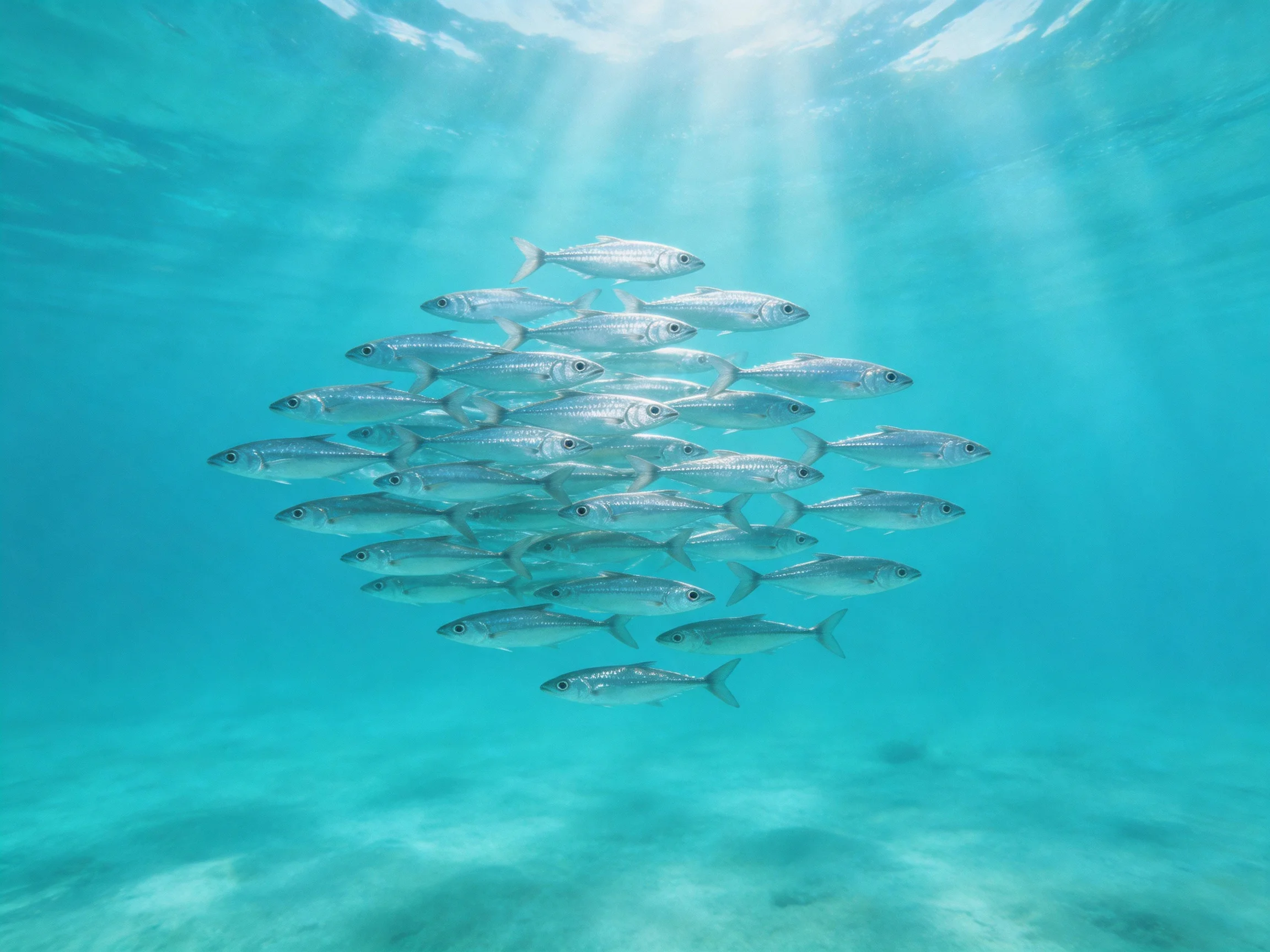 A large school of silver fish swims in clear turquoise waters