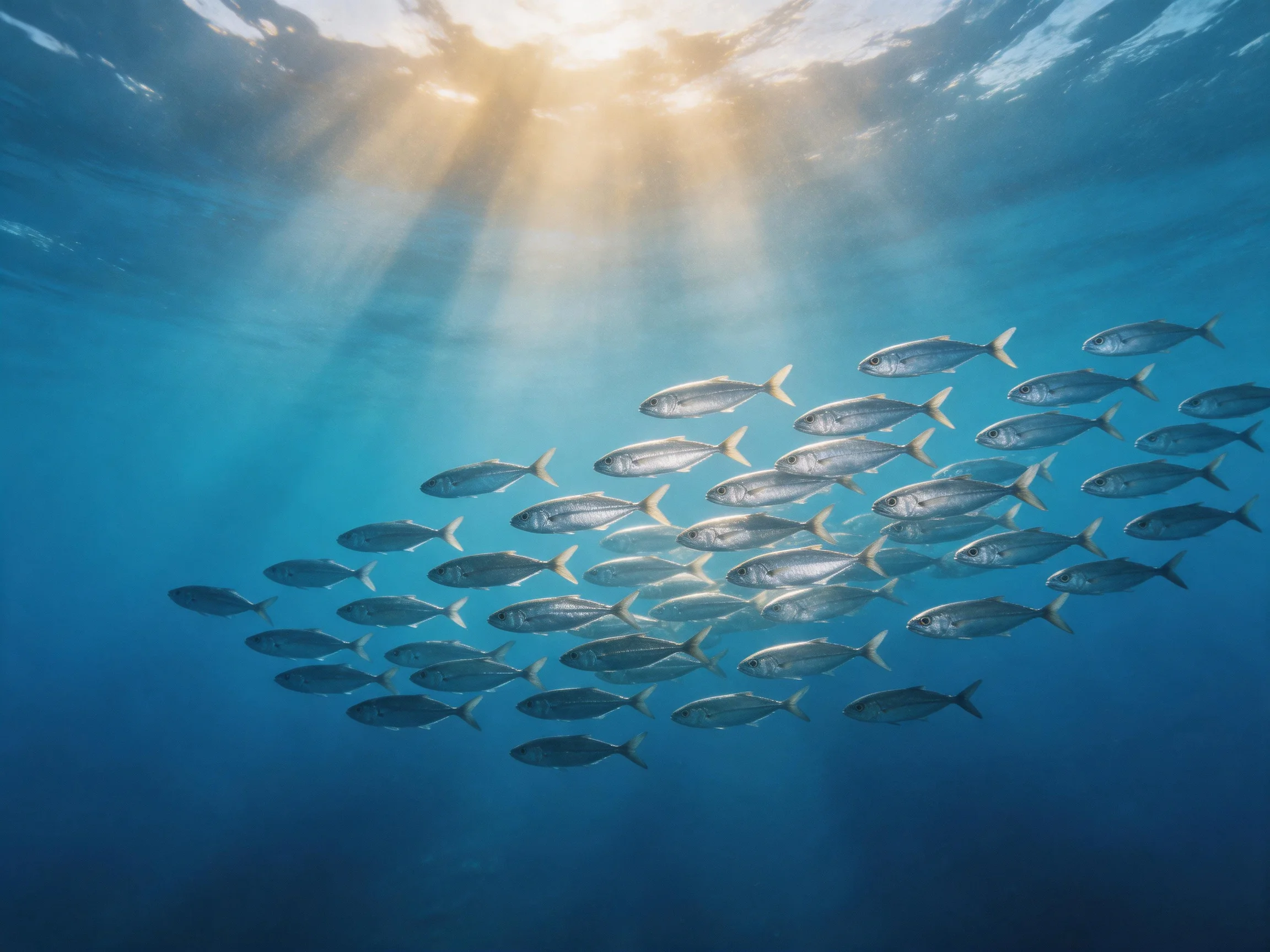 A large school of silver fish swims in deep blue ocean waters