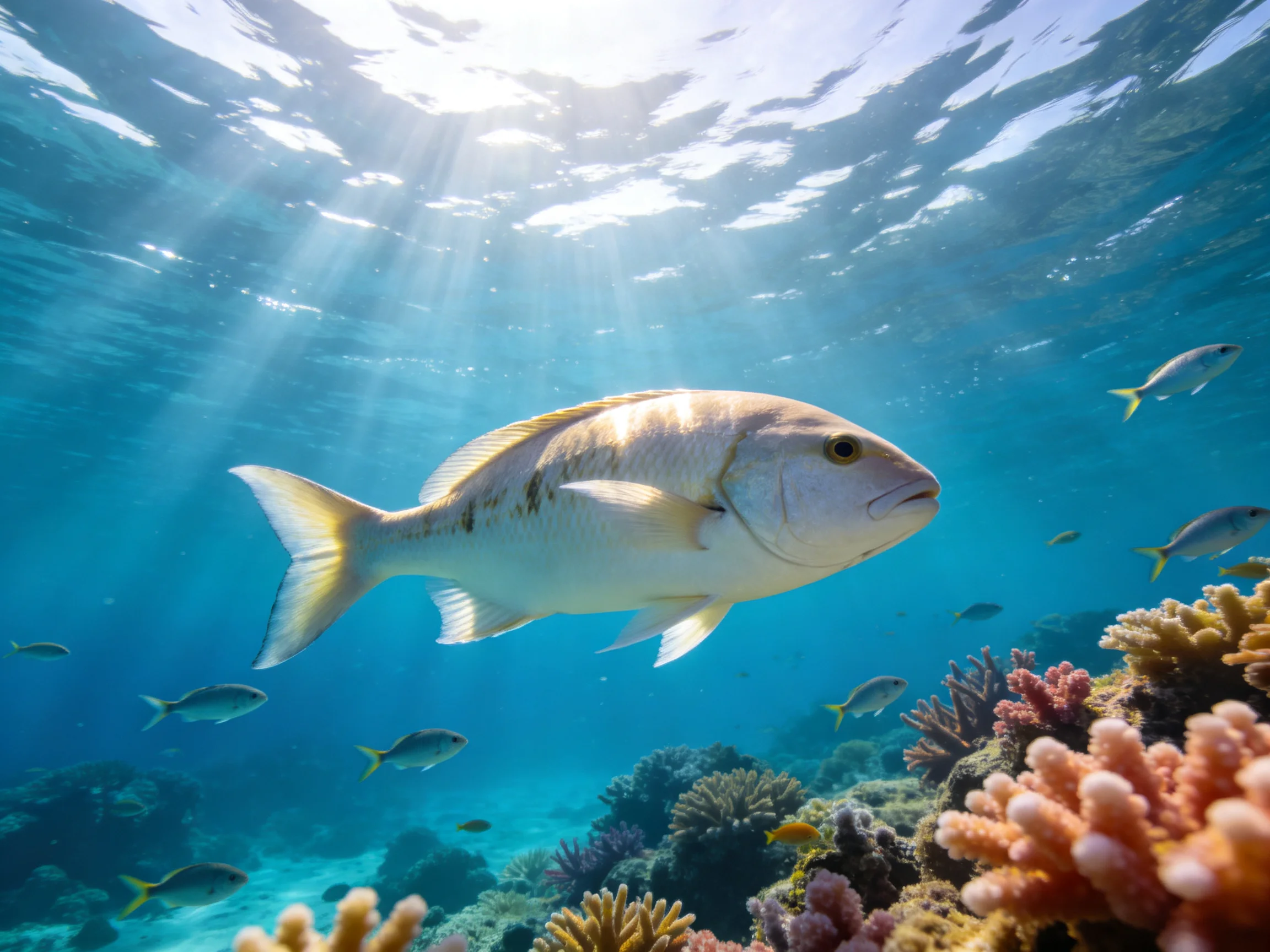 A large silver fish swims near colorful coral reefs under sunlight