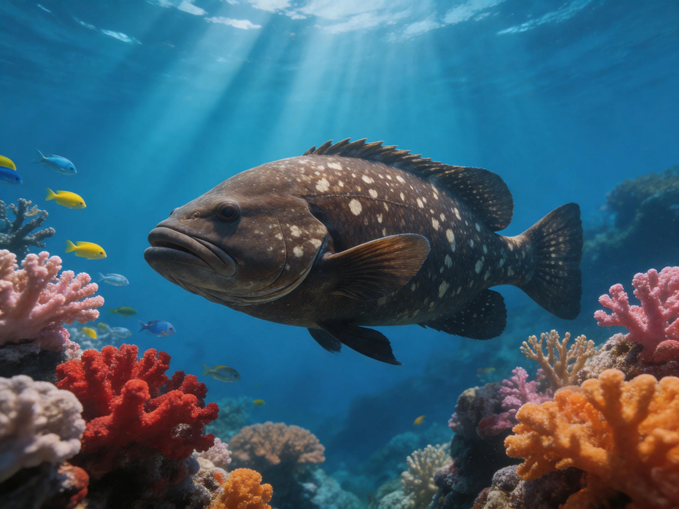 A large spotted fish swims among vibrant coral reefs