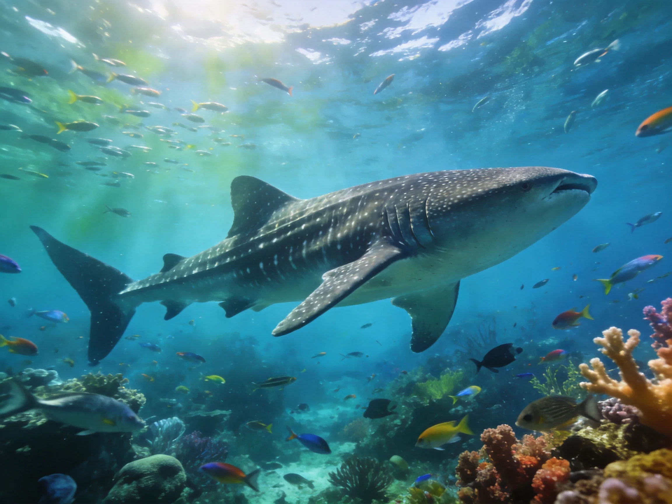 A large spotted whale shark swims among vibrant coral reefs