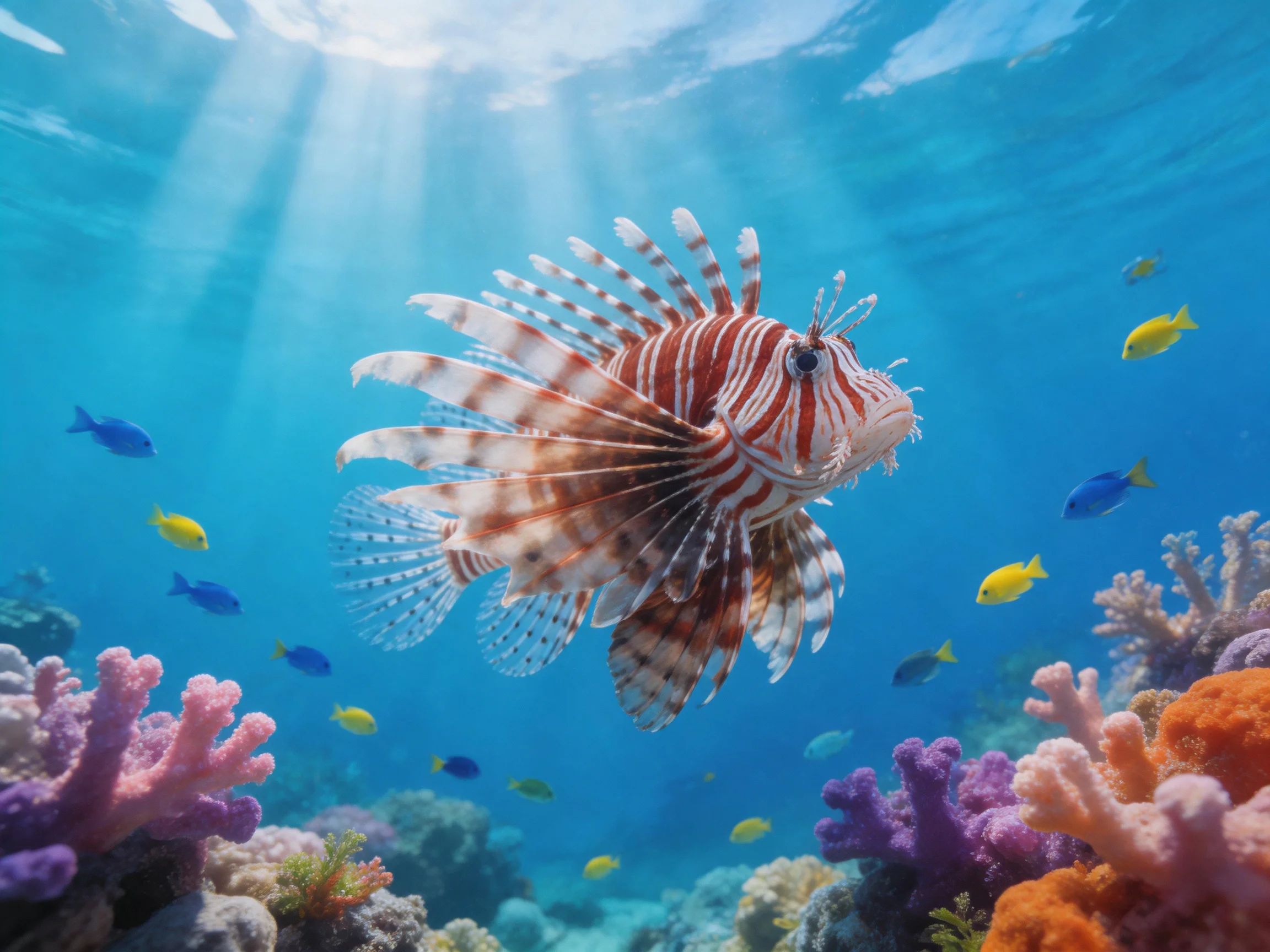 A lionfish swims amid colorful corals and small tropical fish