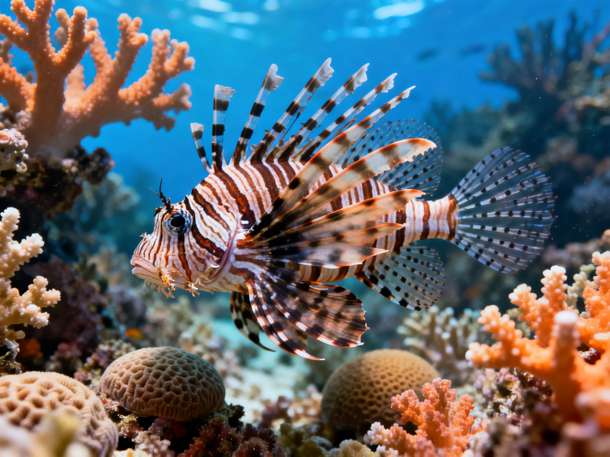 A lionfish swims among vibrant coral formations underwater