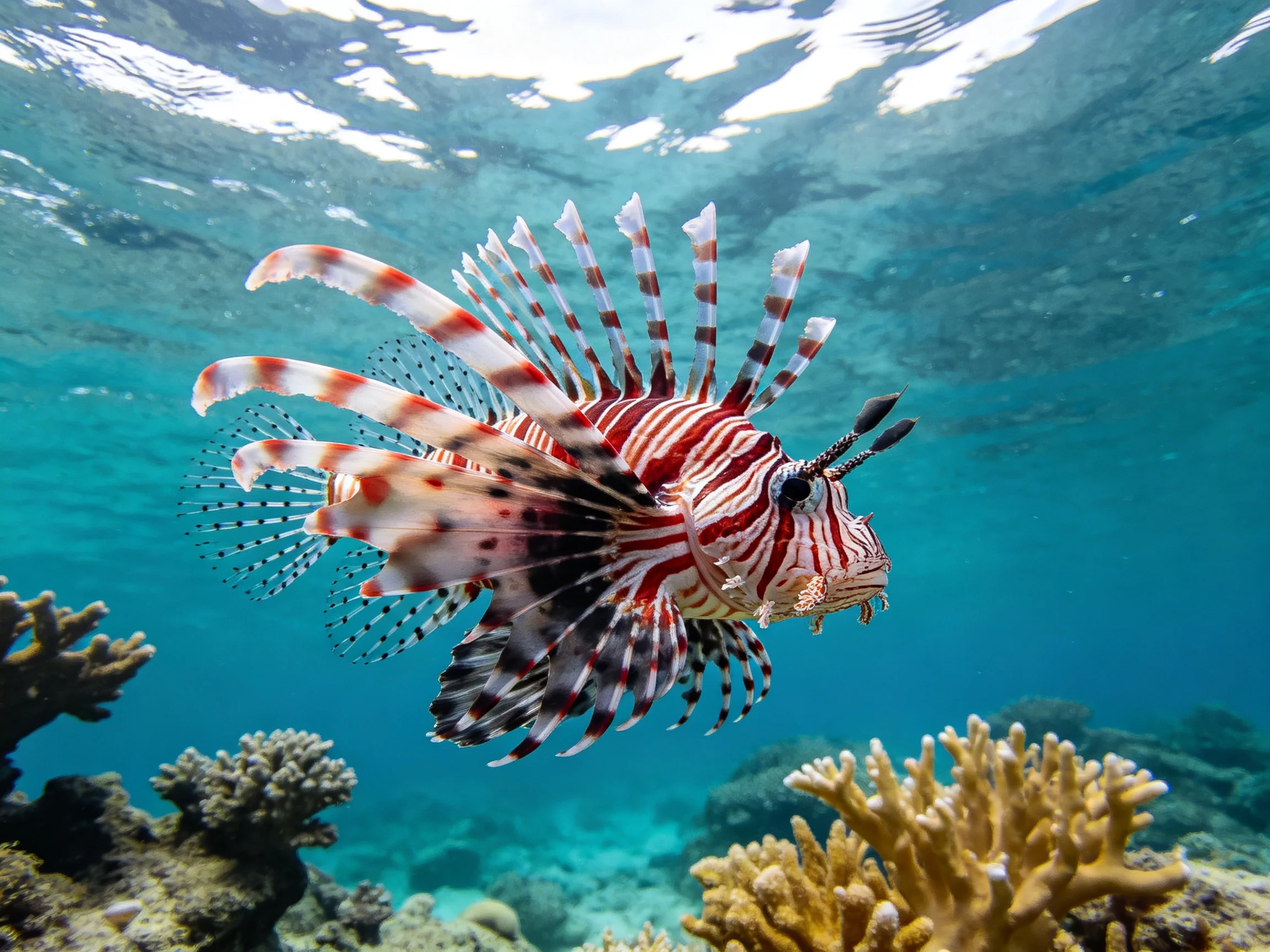A lionfish with bold red and white stripes swims near coral reefs in clear water