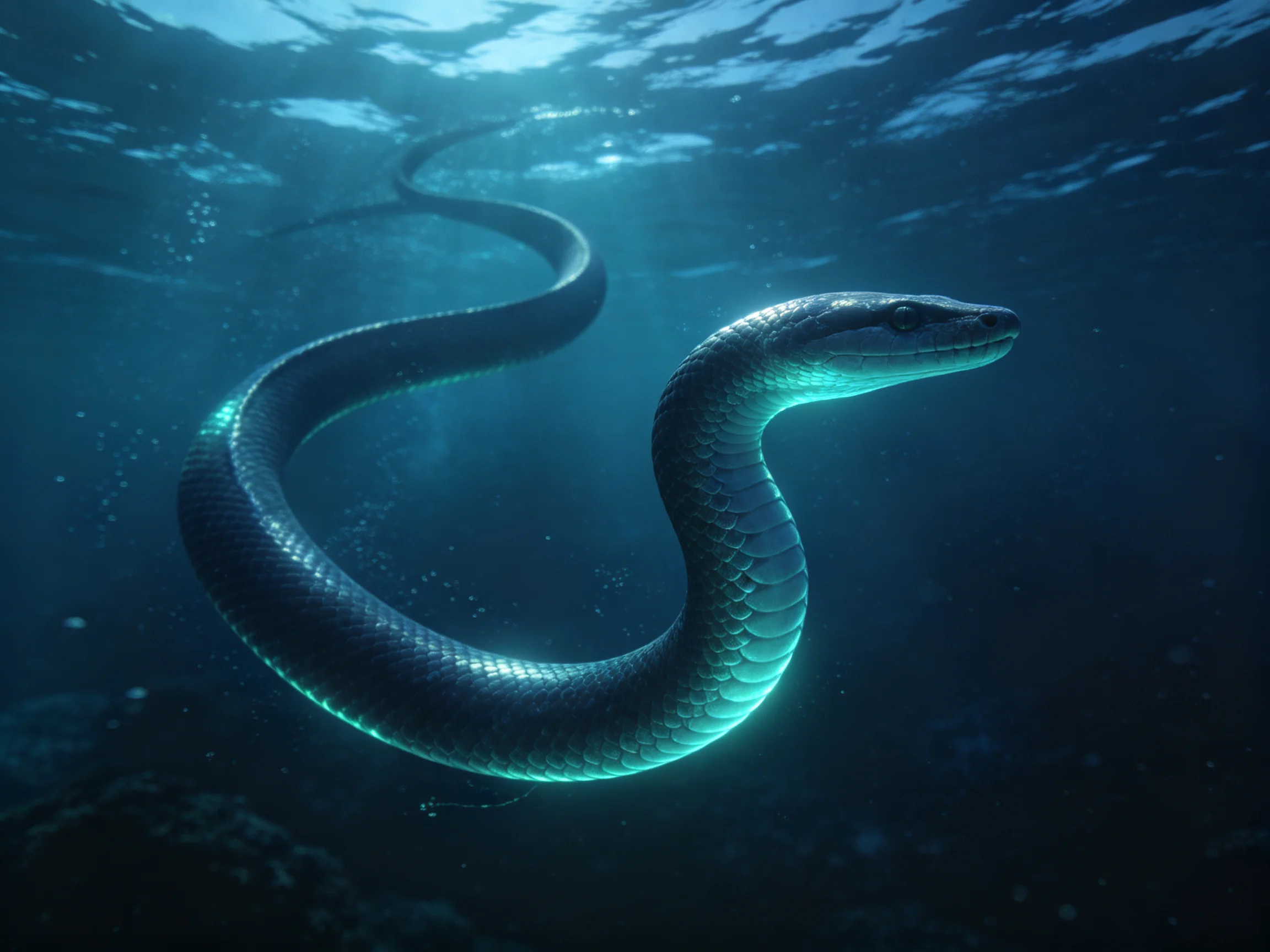 A long, glowing turquoise snake swims in deep blue water