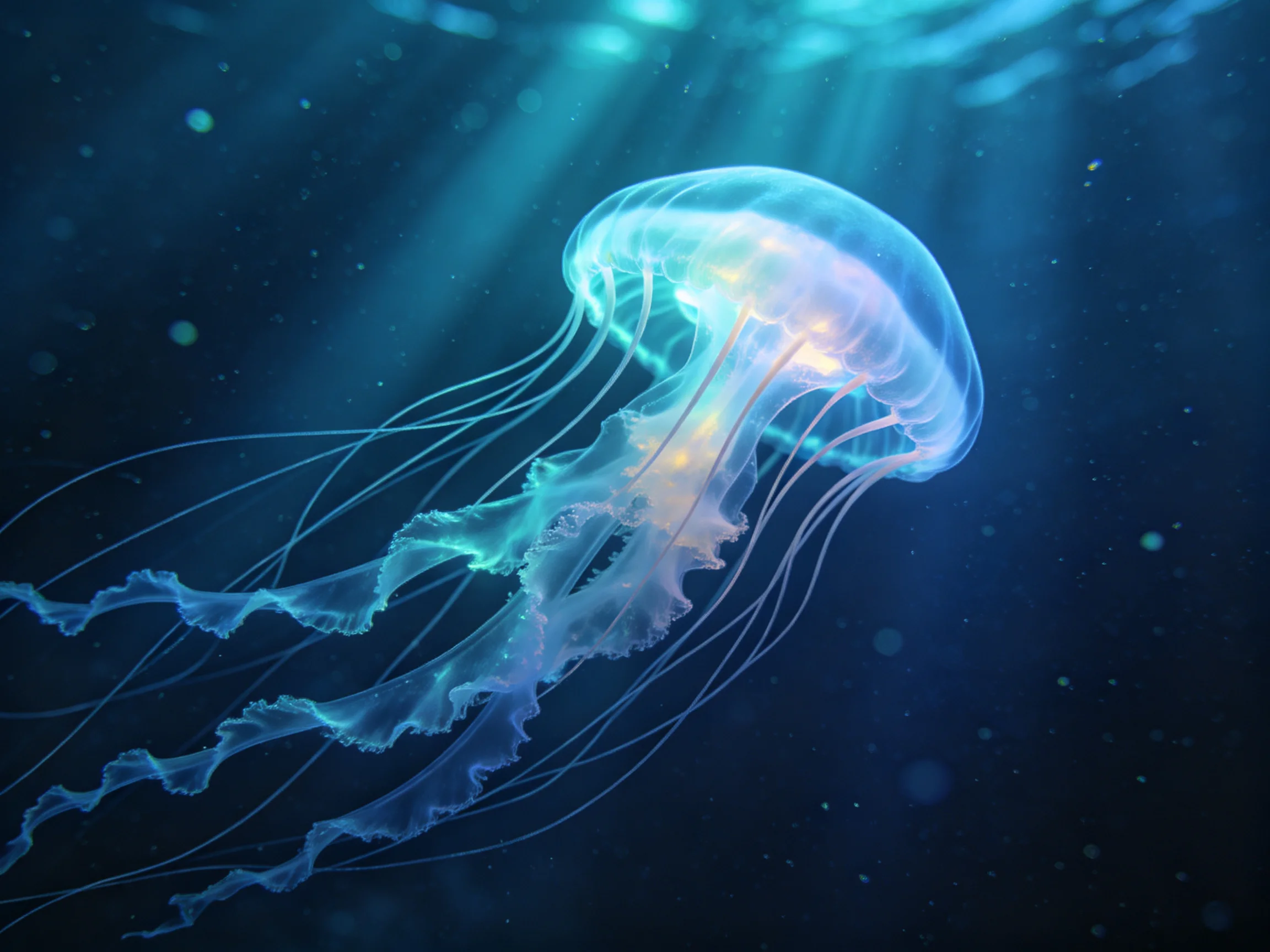 A luminous blue jellyfish gliding through dark ocean waters