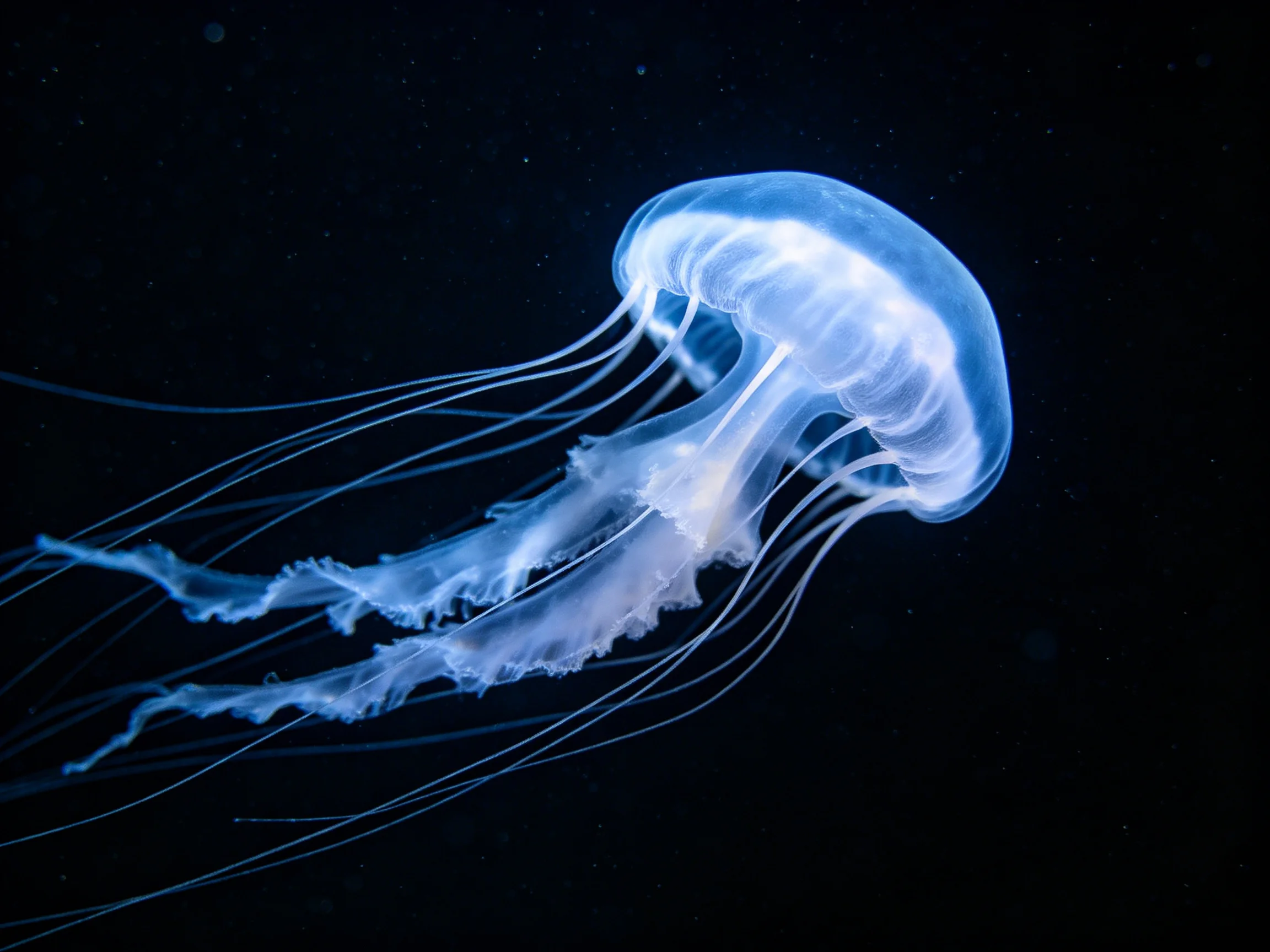 A luminous blue jellyfish with long tentacles in dark water